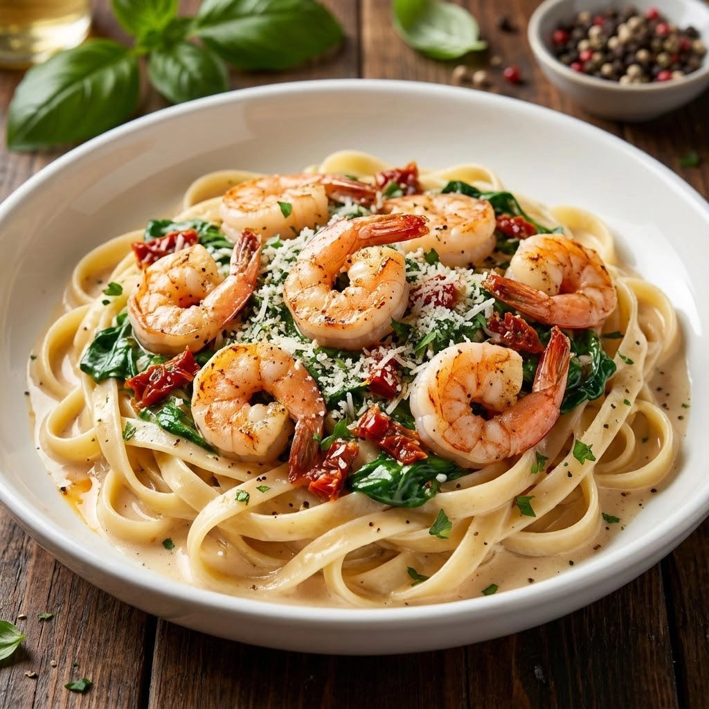 A plate of pasta with shrimp, spinach, and tomatoes.