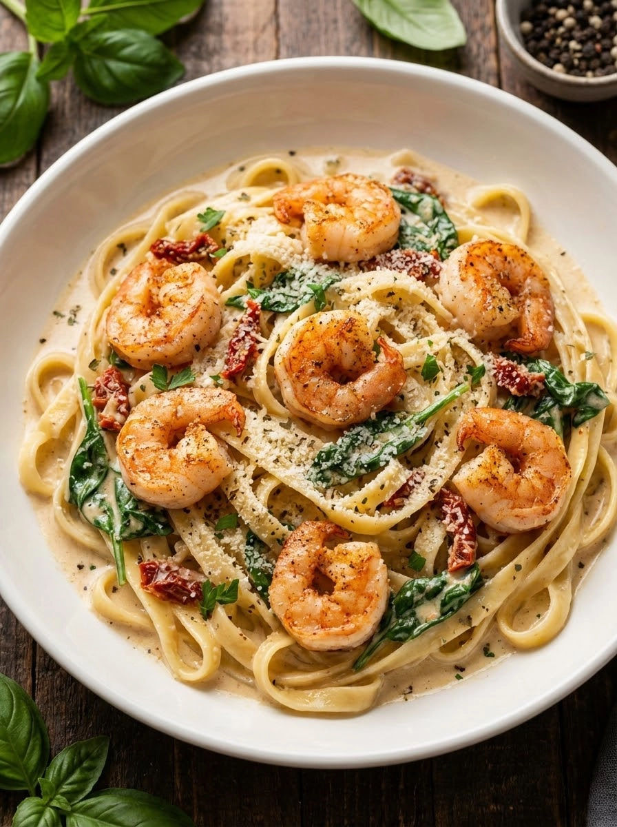 A bowl of pasta with shrimp, spinach, and tomatoes.