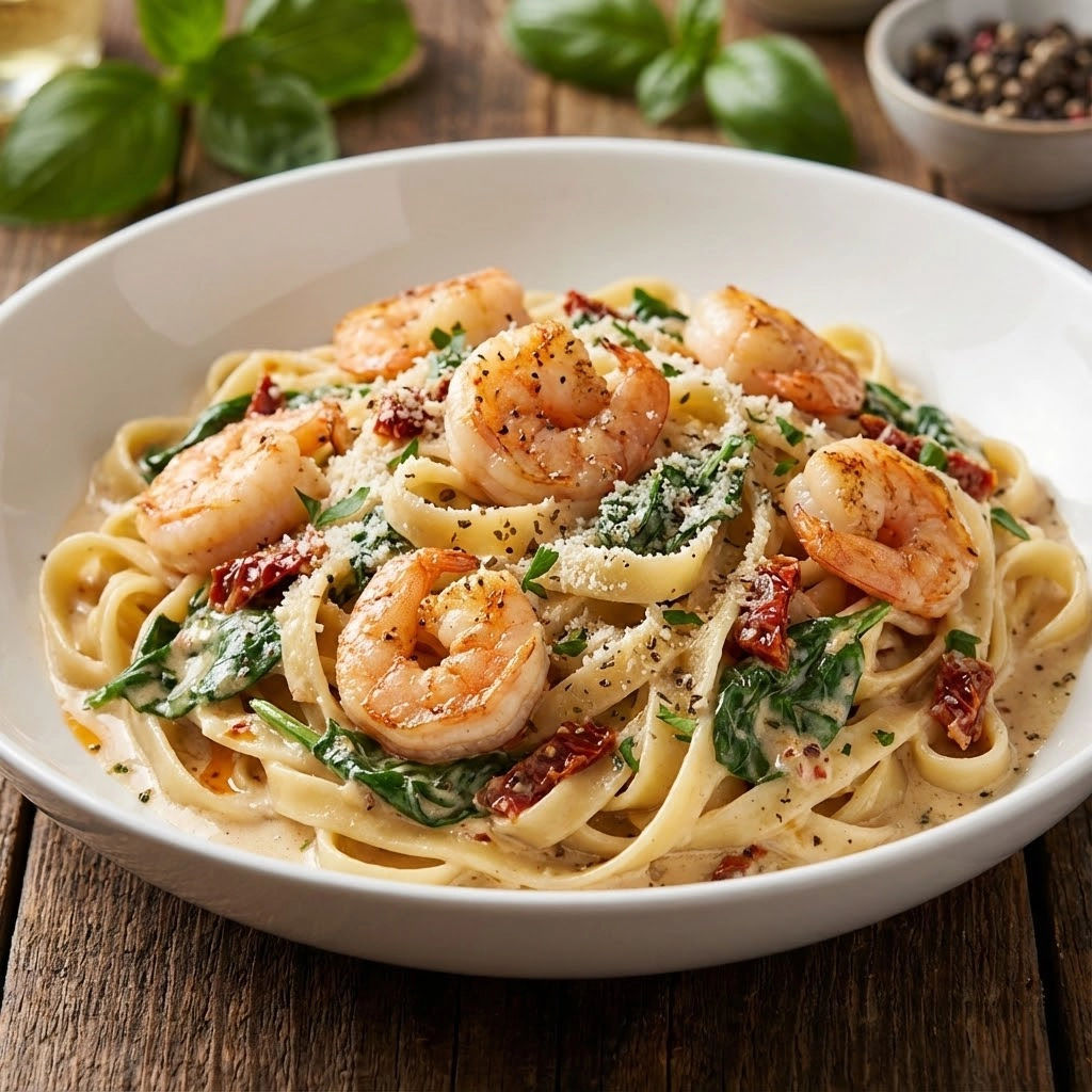 A bowl of pasta with shrimp, spinach, and tomatoes.