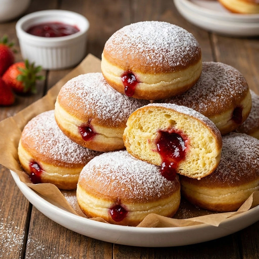 A plate of jelly filled donuts.