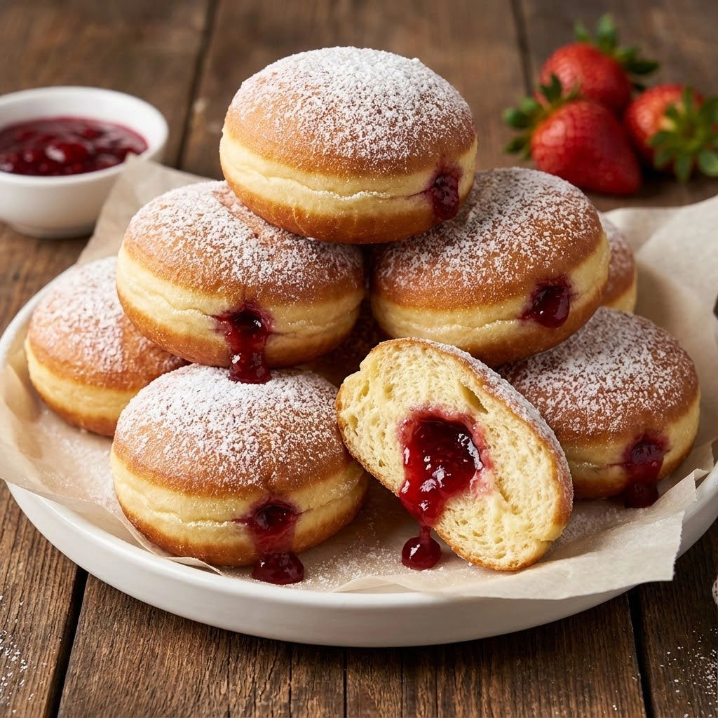 A plate of jelly filled doughnuts.