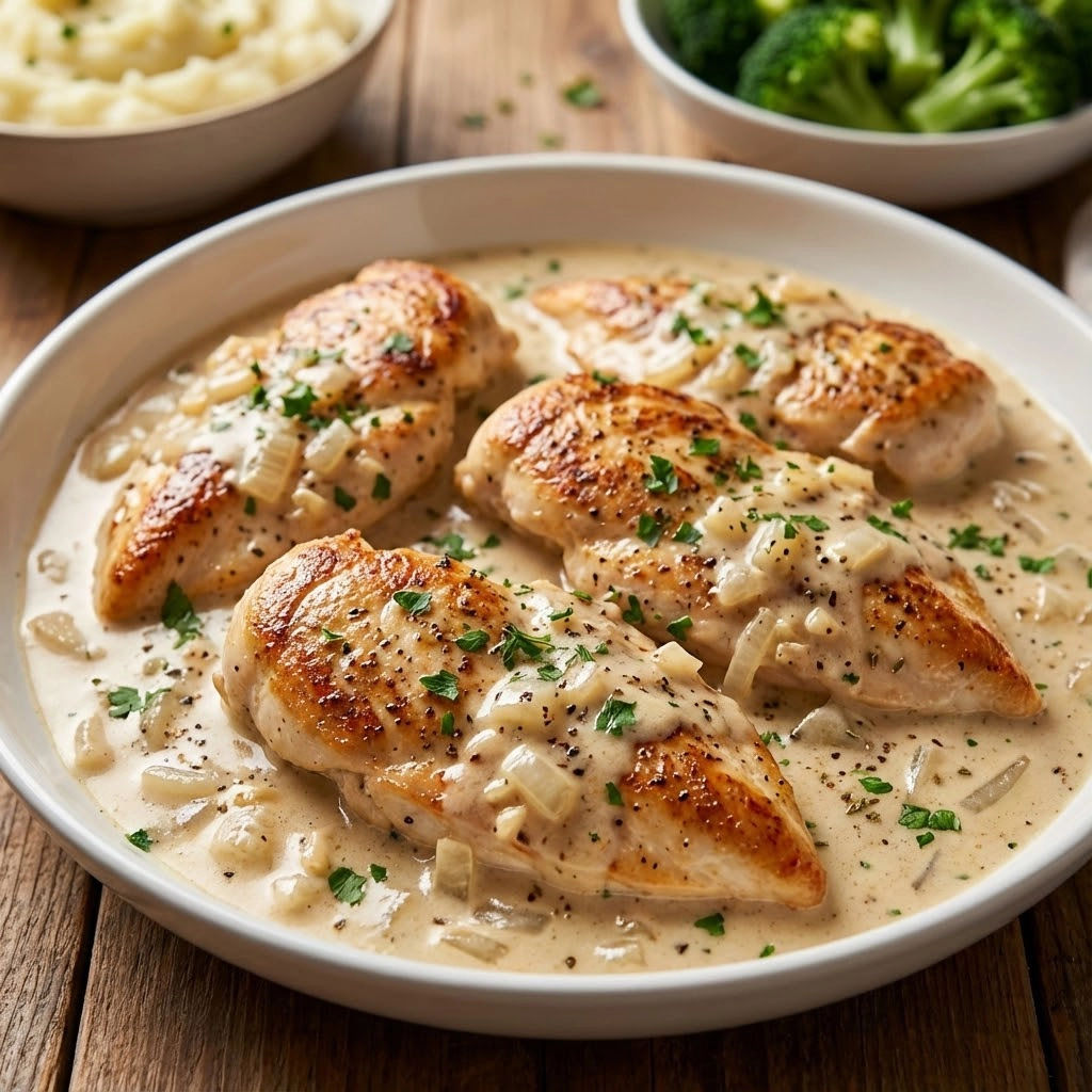 A plate of chicken in a creamy sauce.