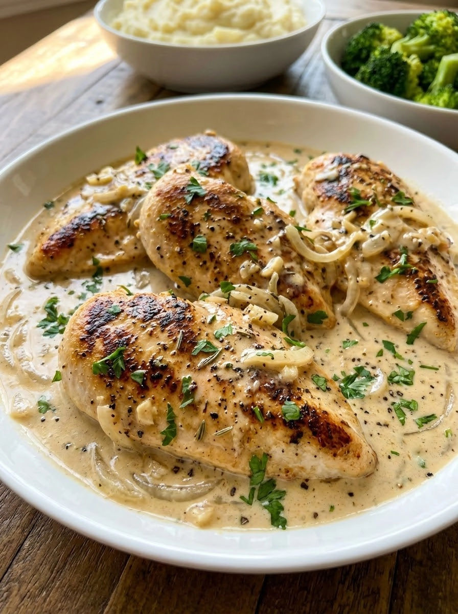 A plate of chicken in a creamy sauce.
