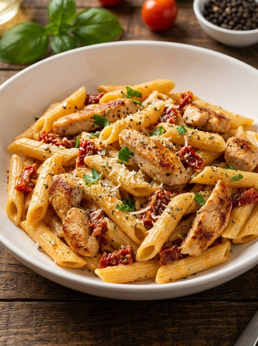 A bowl of pasta with chicken and tomatoes.
