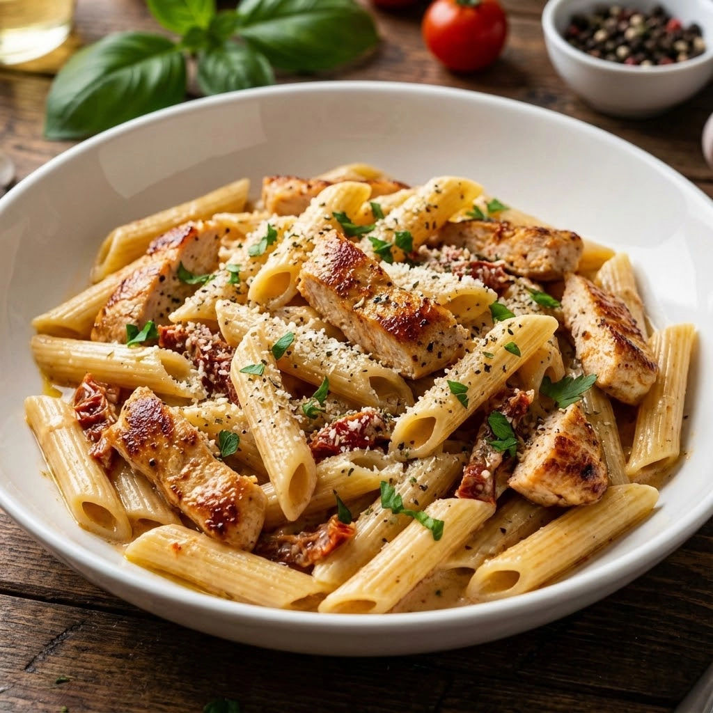 A bowl of pasta with chicken and tomatoes.