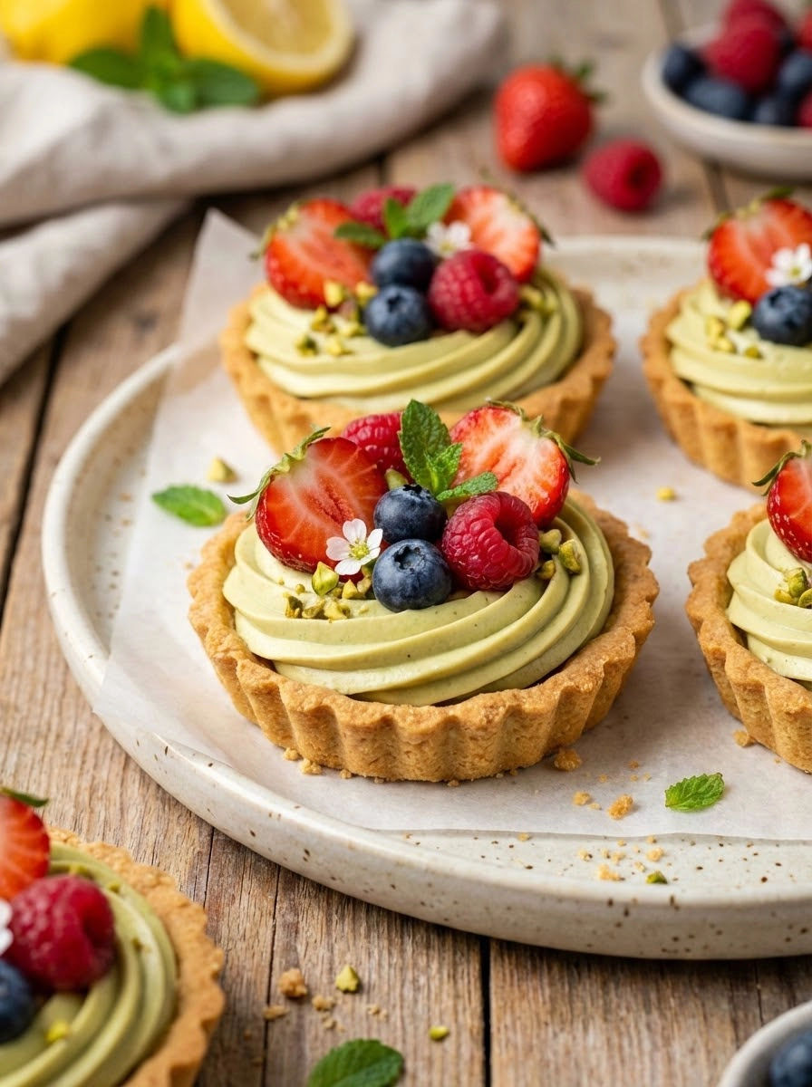 A plate of tartaletki with cream and fresh berries.