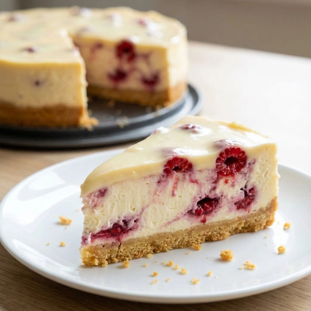 A slice of cheesecake with raspberries on top.