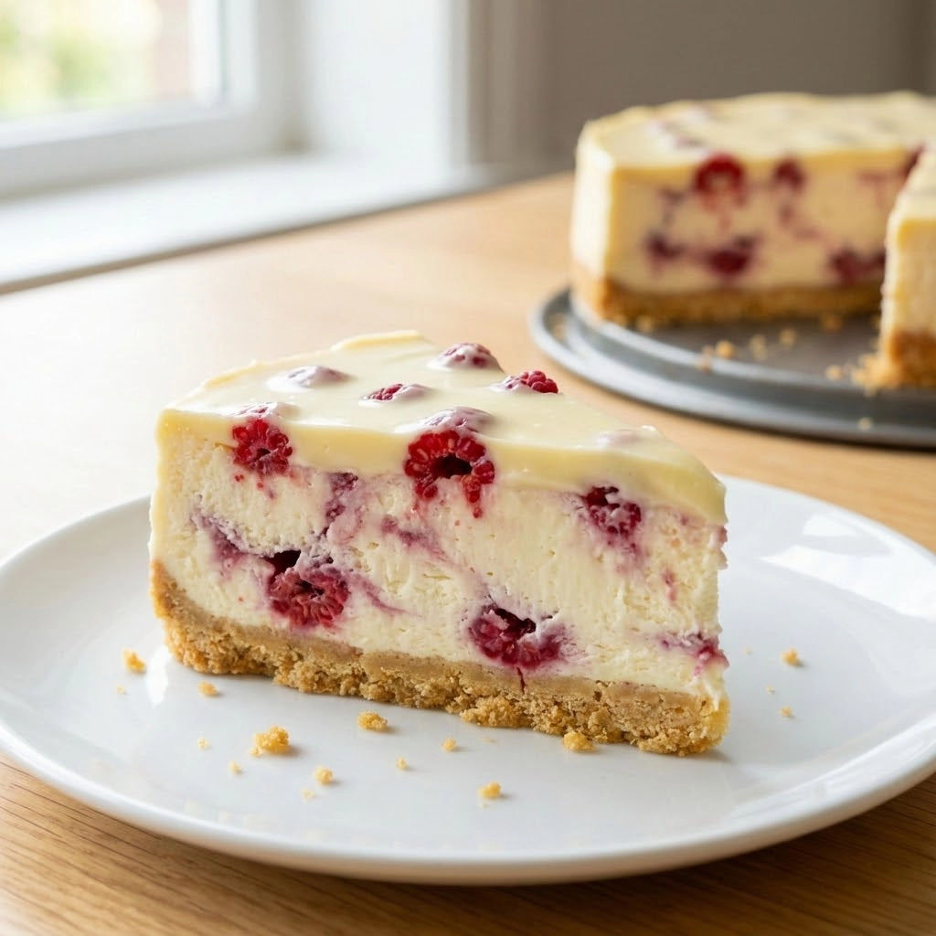 A slice of cake with raspberries on top.