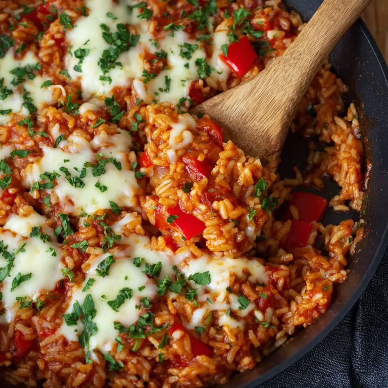 A bowl of rice with cheese and peppers.