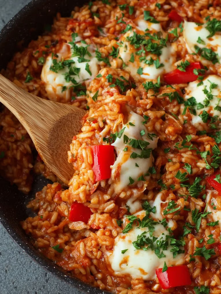 A dish of rice with cheese and peppers.