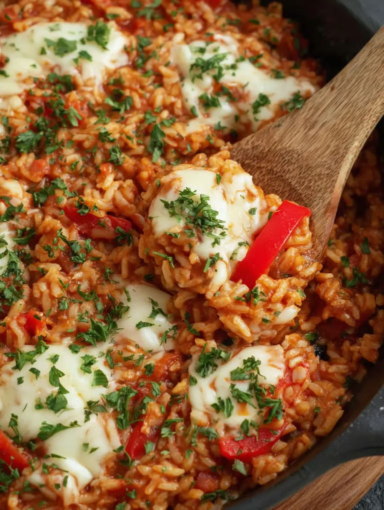 A bowl of rice with cheese and peppers.