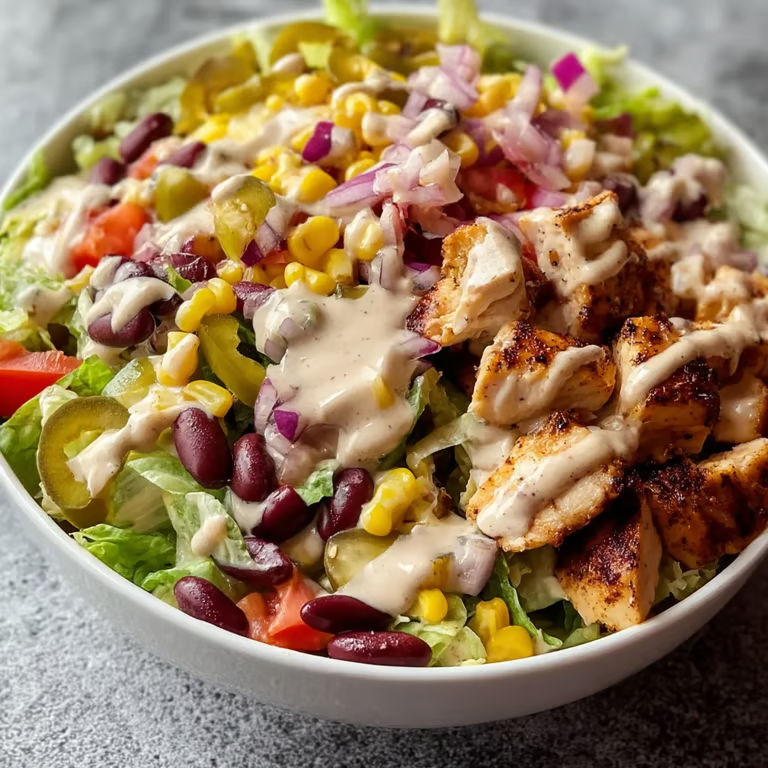 A bowl of salad with chicken and vegetables.