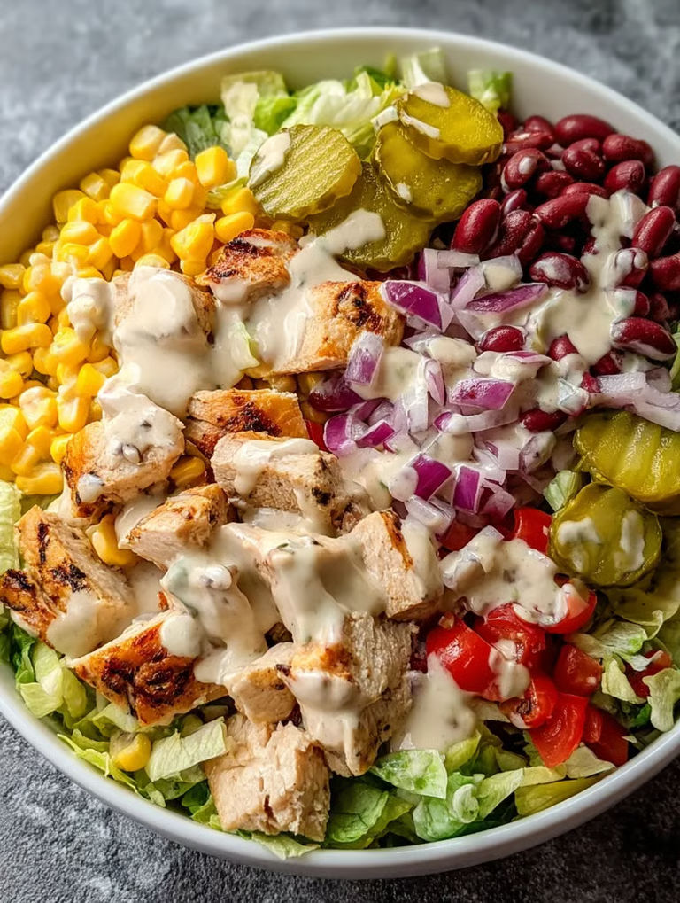 A bowl of salad with chicken, tomatoes, onions, and lettuce.