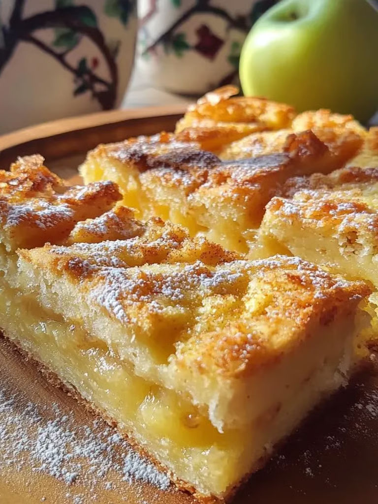 A slice of cake with powdered sugar on top.