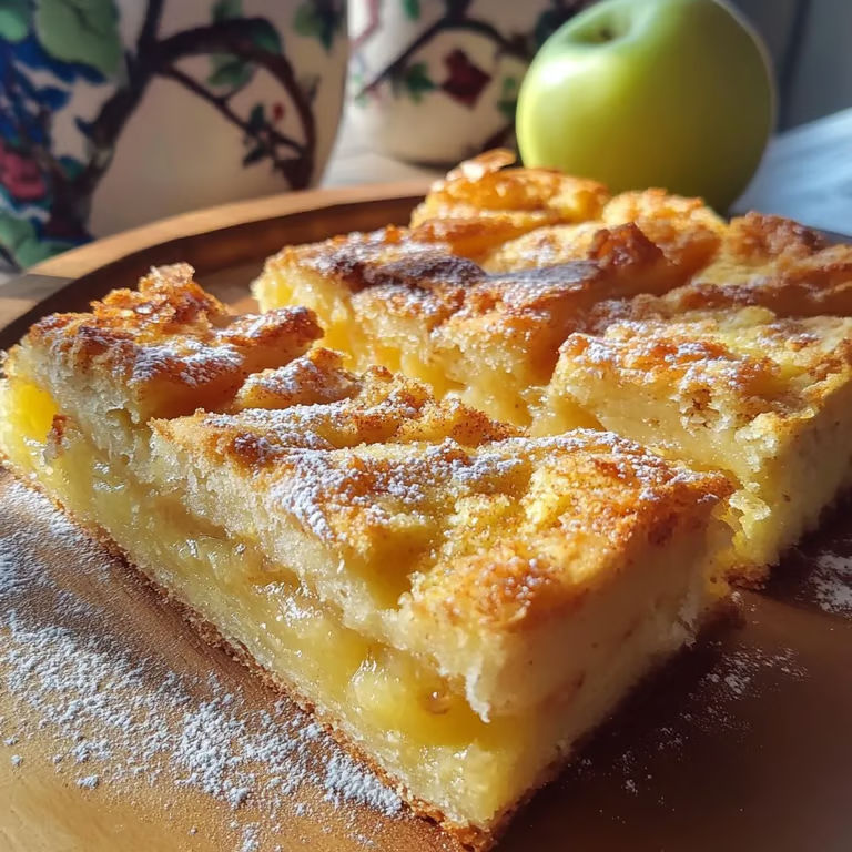 A slice of cake with powdered sugar on top.