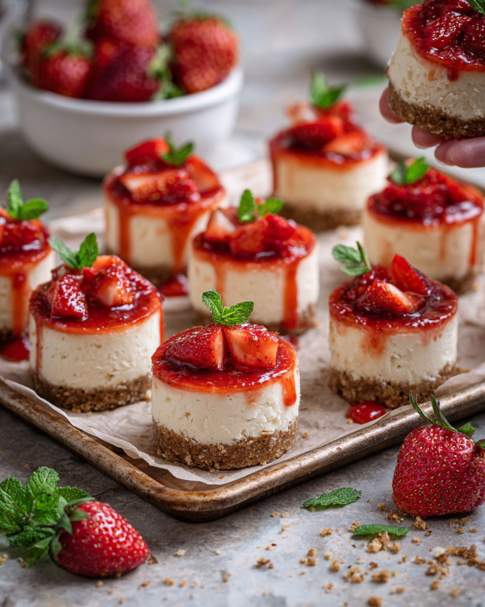 A tray of mini cheesecakes with strawberries on top.