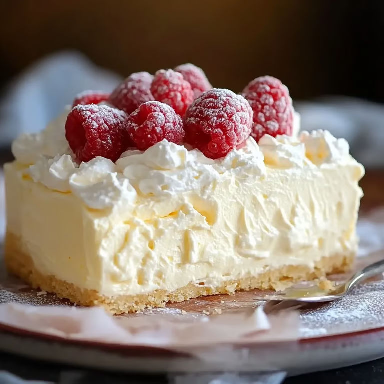 A slice of zimny sernik with raspberries on top.