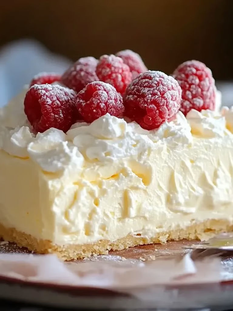 A slice of cake with white frosting and raspberries on top.