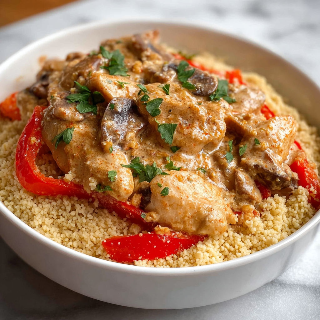 A bowl of food with chicken and mushrooms.