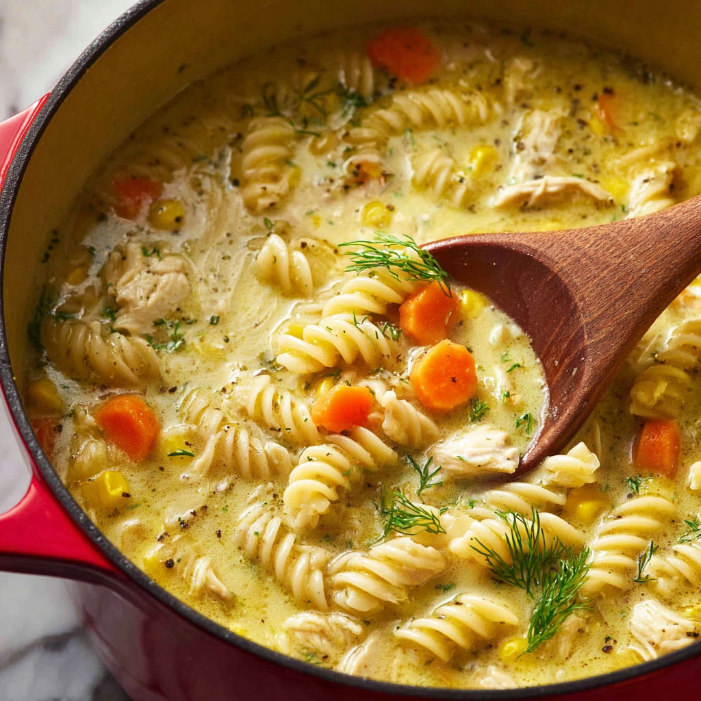 A wooden spoon in a pot of pasta.