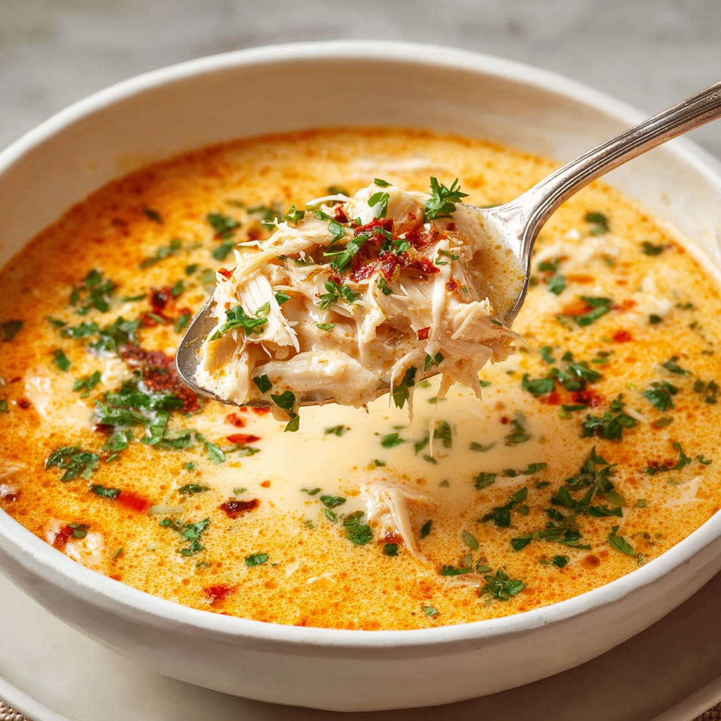 A spoon is in a bowl of soup.