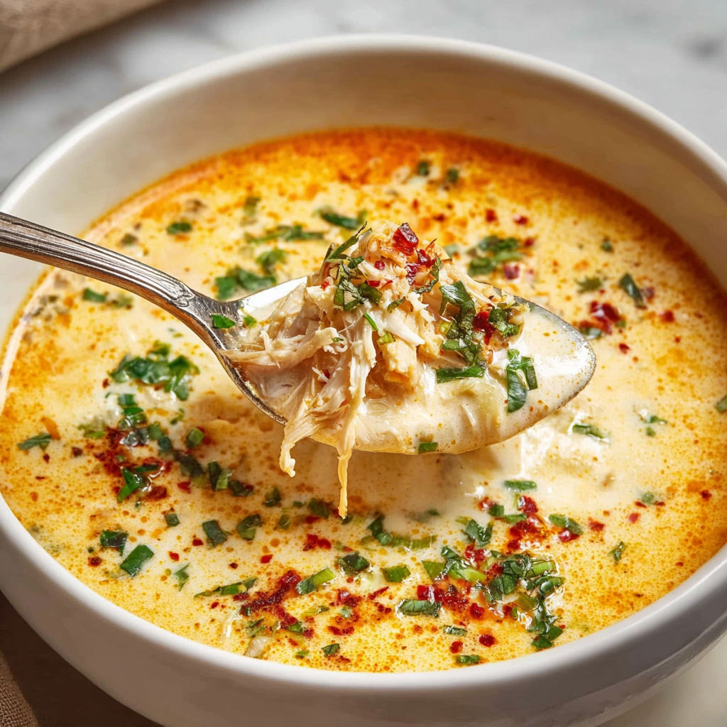 A bowl of soup with a spoon in it.