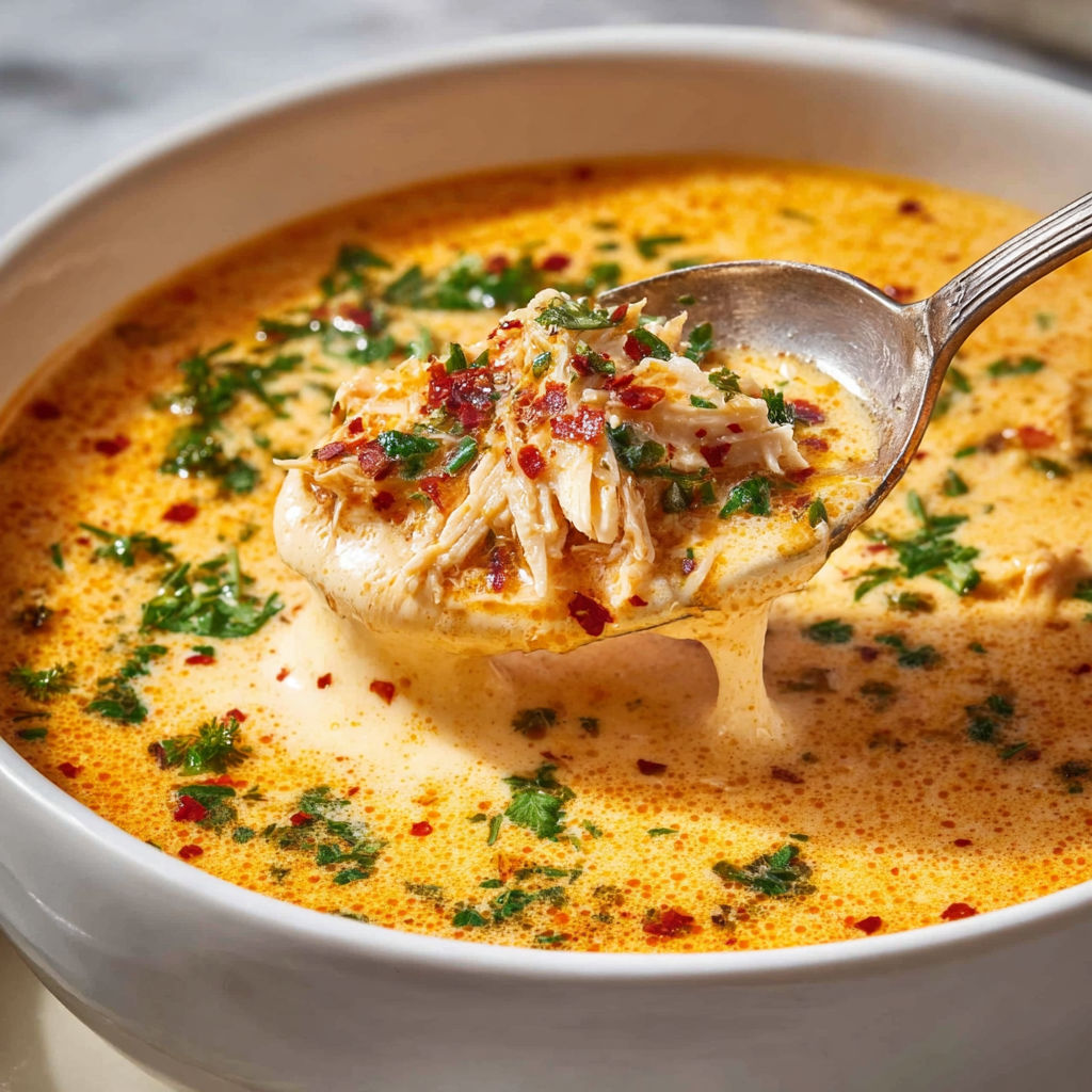 A spoon is in a bowl of soup.