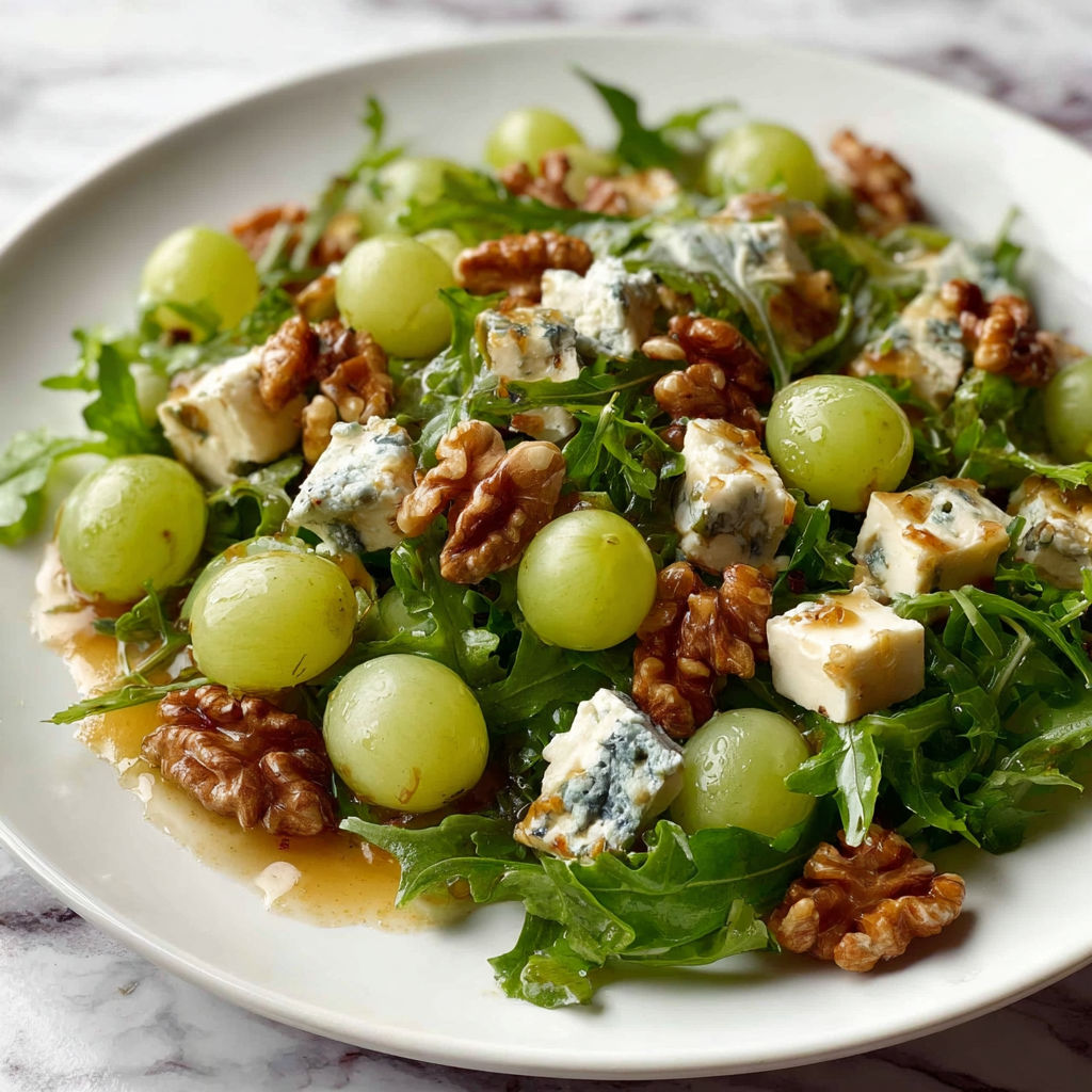 A plate of salad with grapes and walnuts.