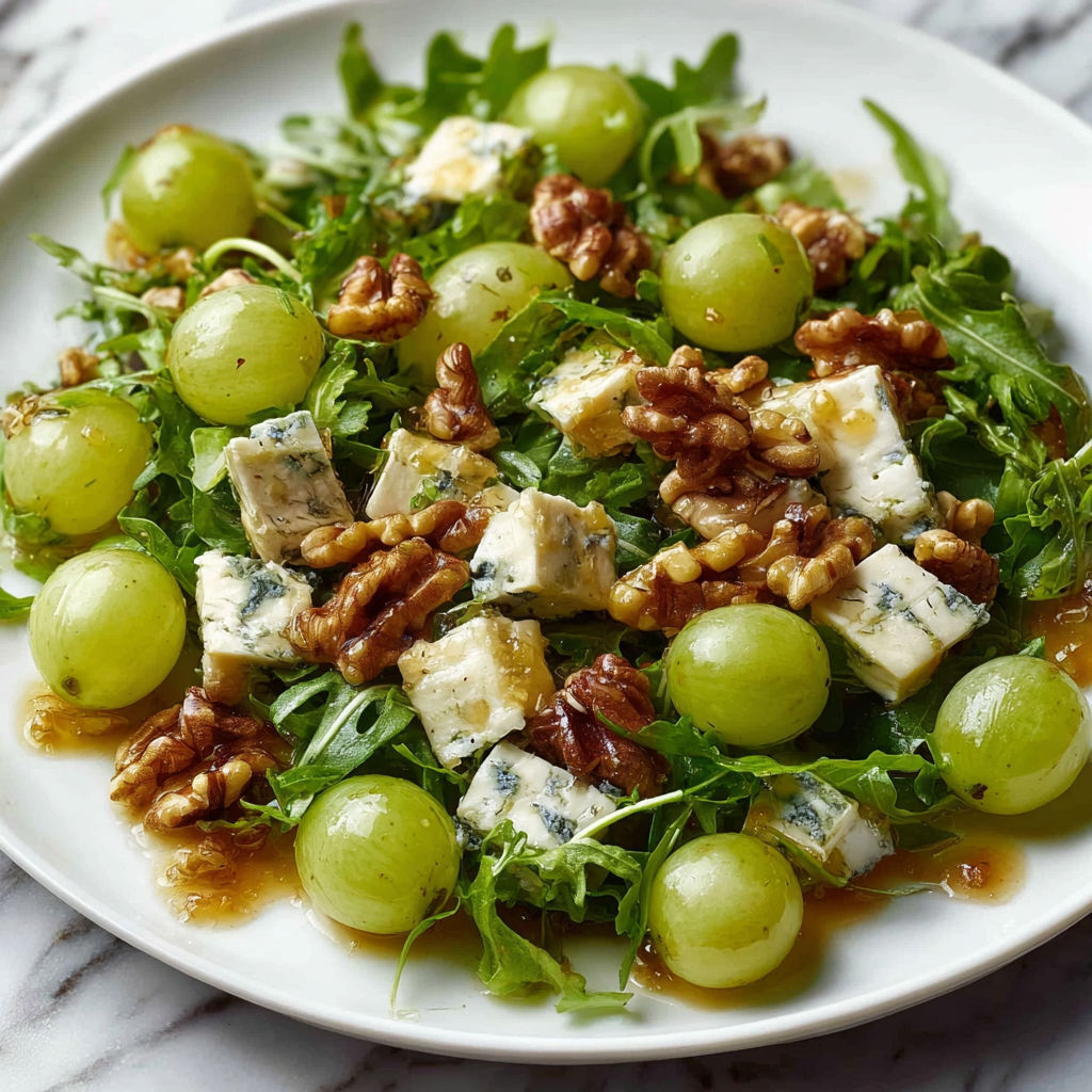 A plate of salad with grapes, walnuts, and cheese.