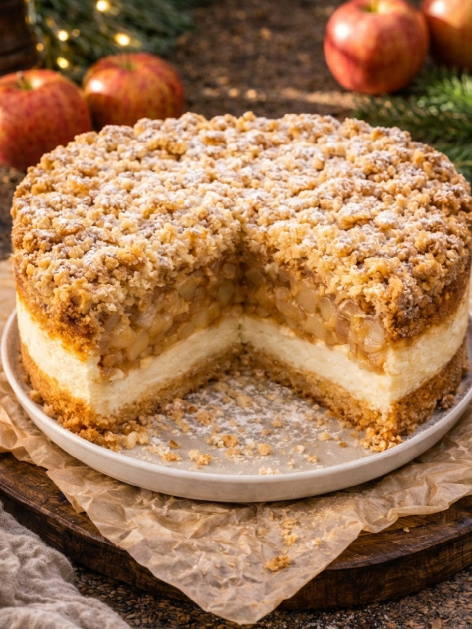 A slice of a cake with a crumb topping.