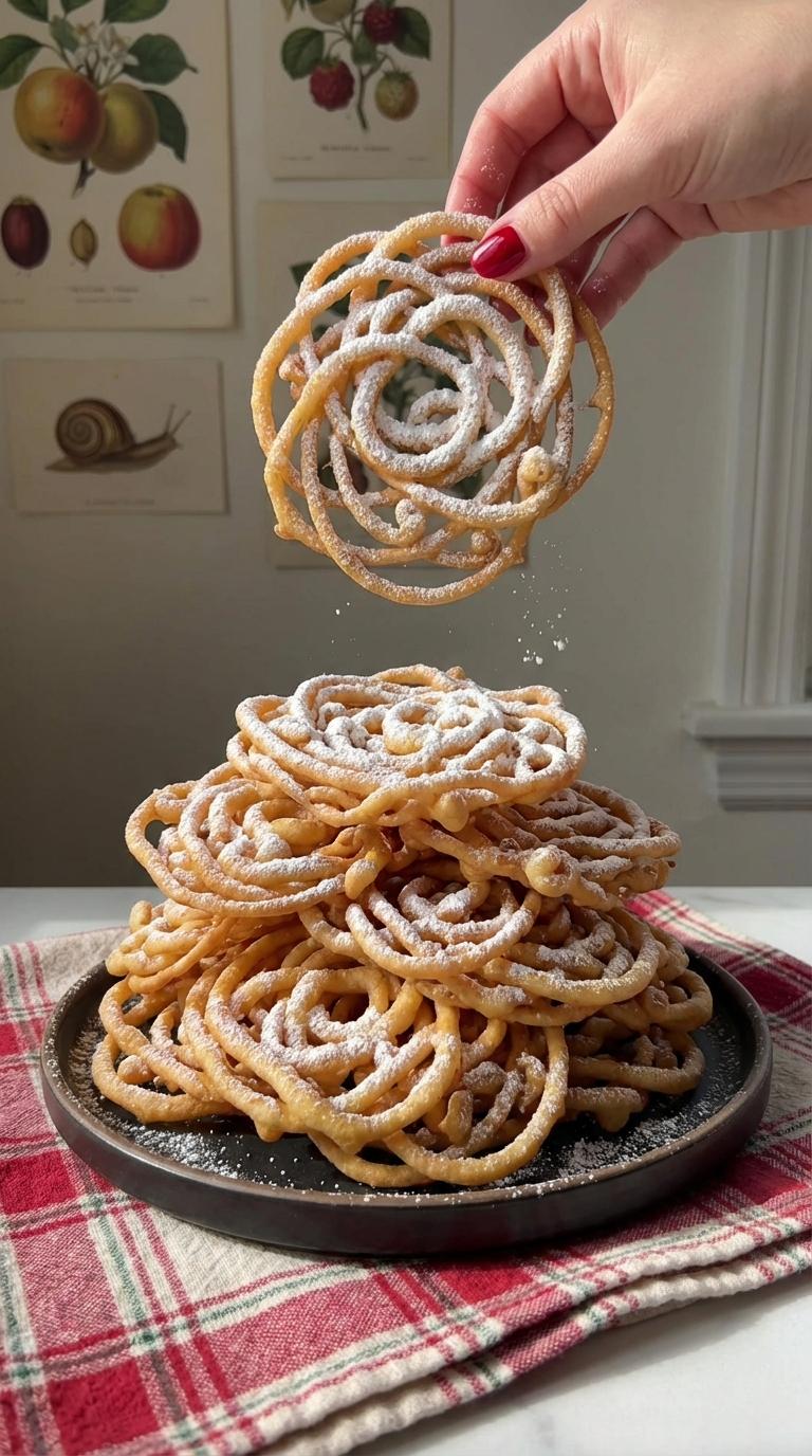 A stack of donuts with powdered sugar on top.