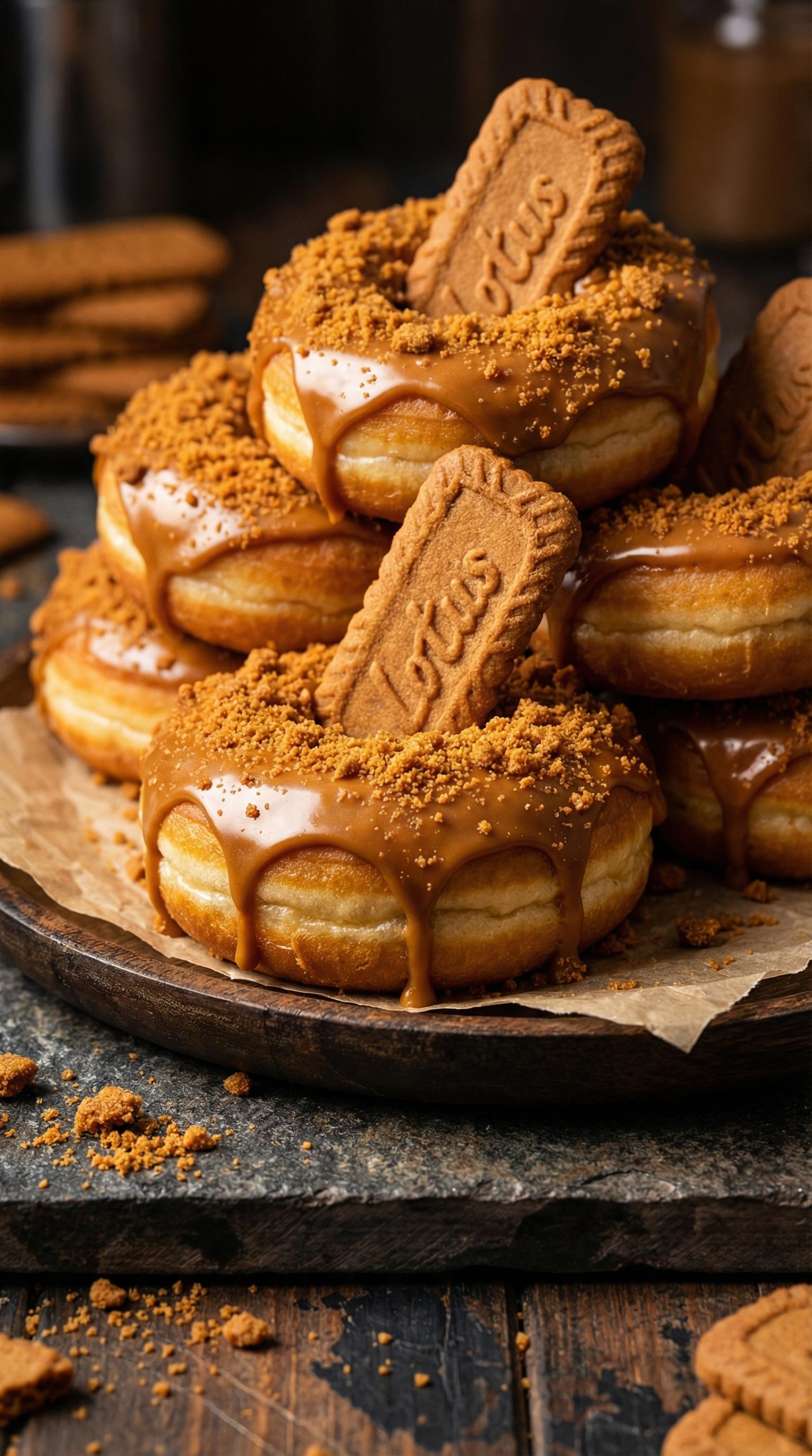 A plate of pączki lotus with caramel sauce.