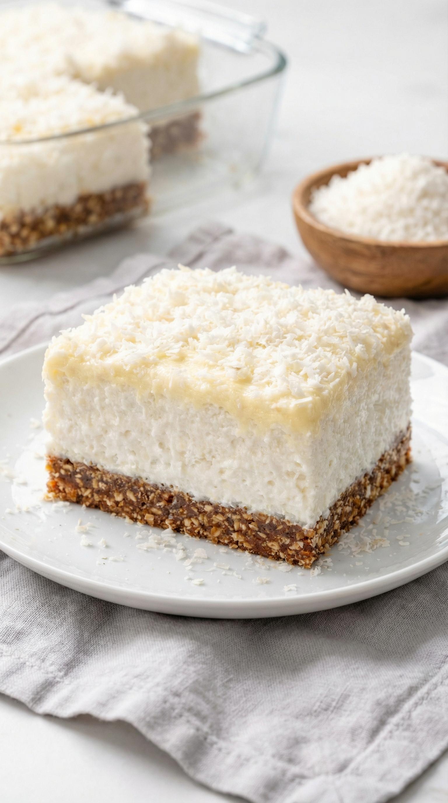 A slice of coconut cake on a white plate.