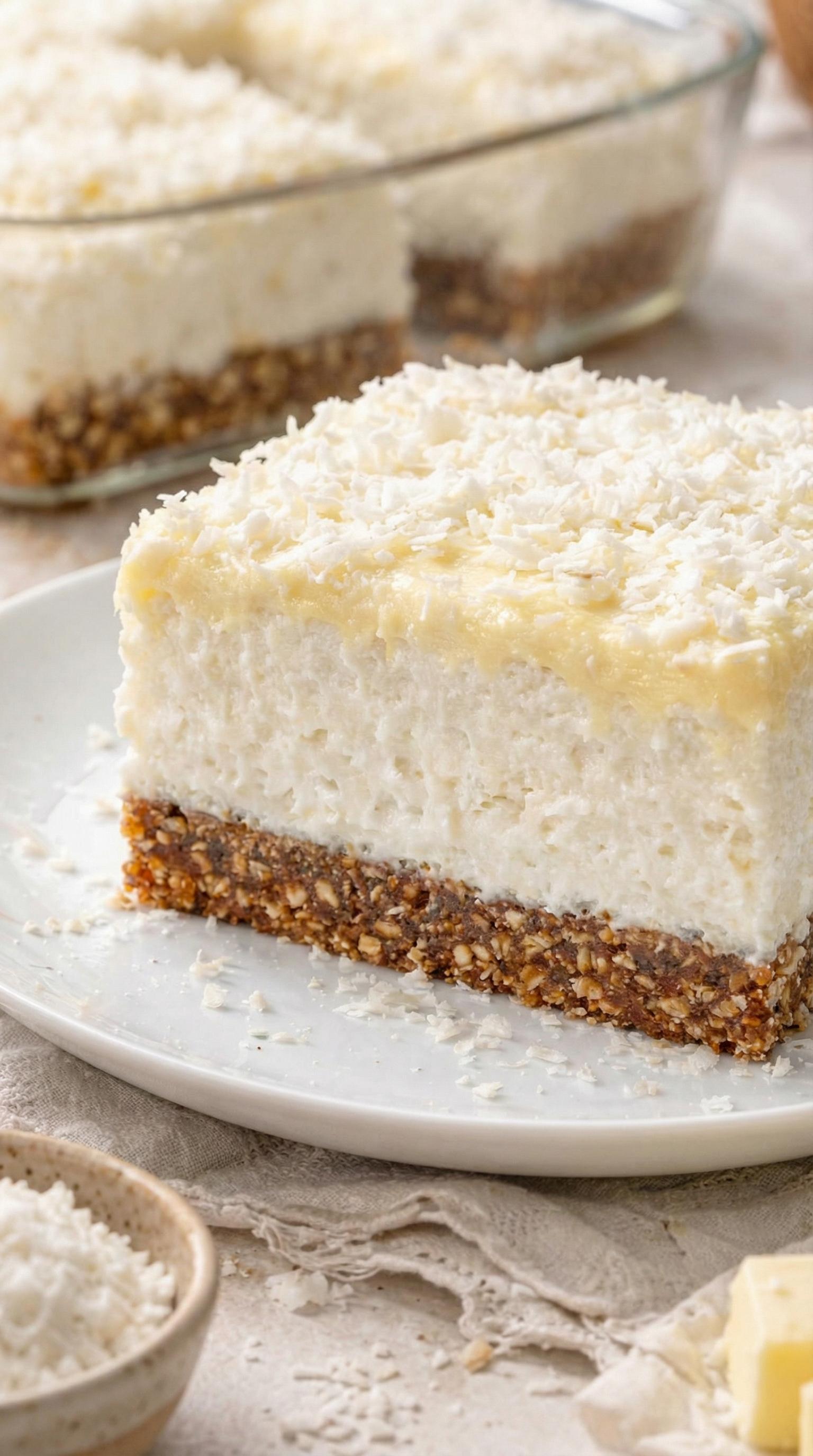 A slice of coconut cream pie on a plate.