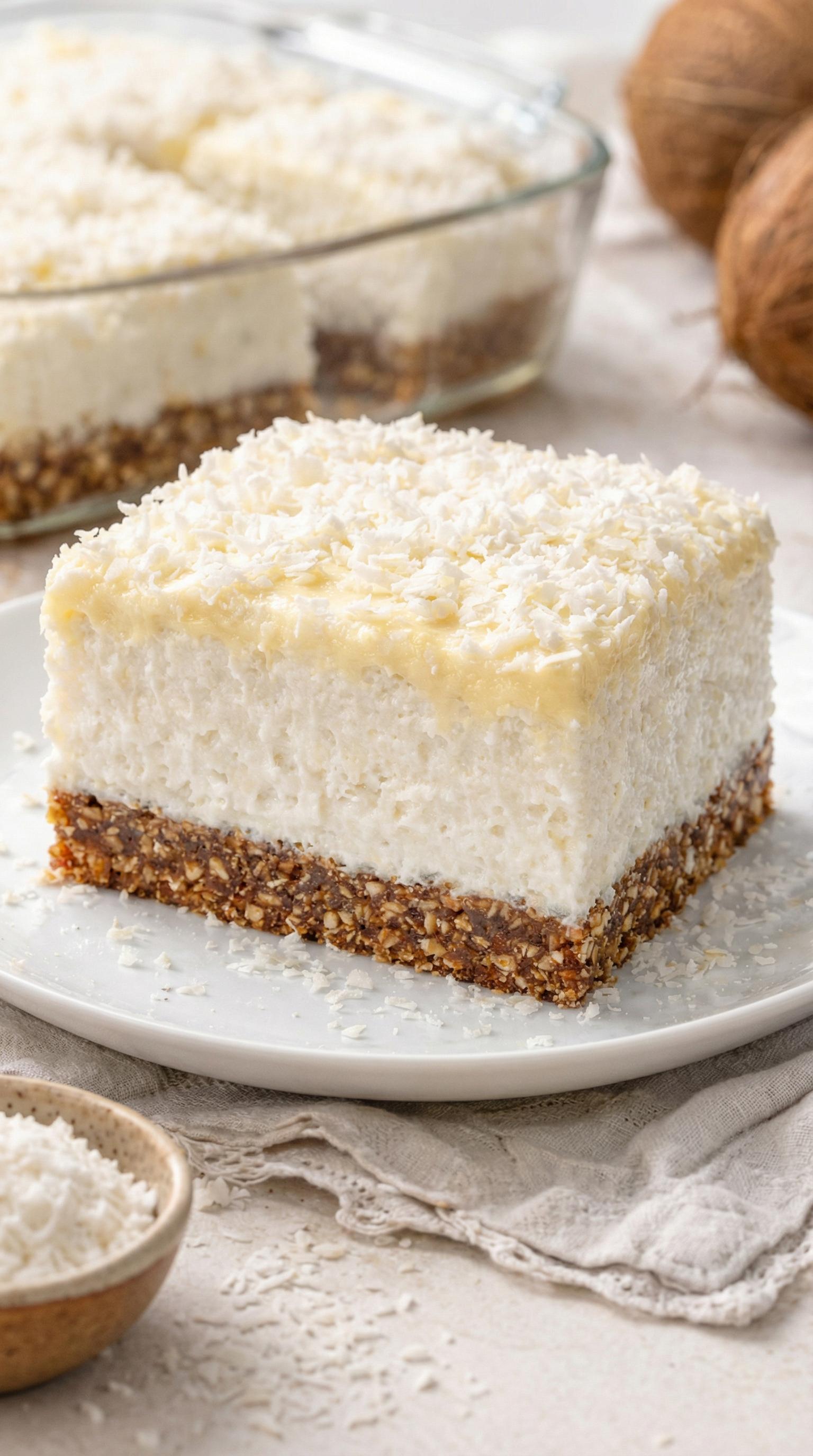 A slice of coconut cake on a white plate.