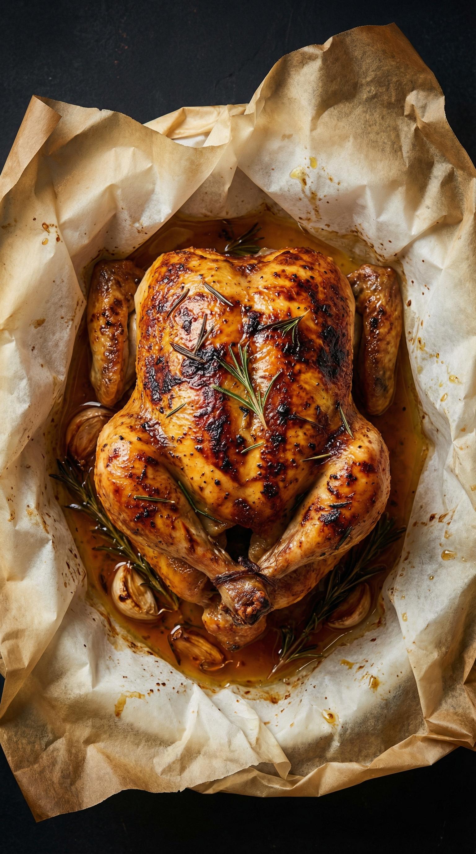 A roasted chicken with herbs on its legs.