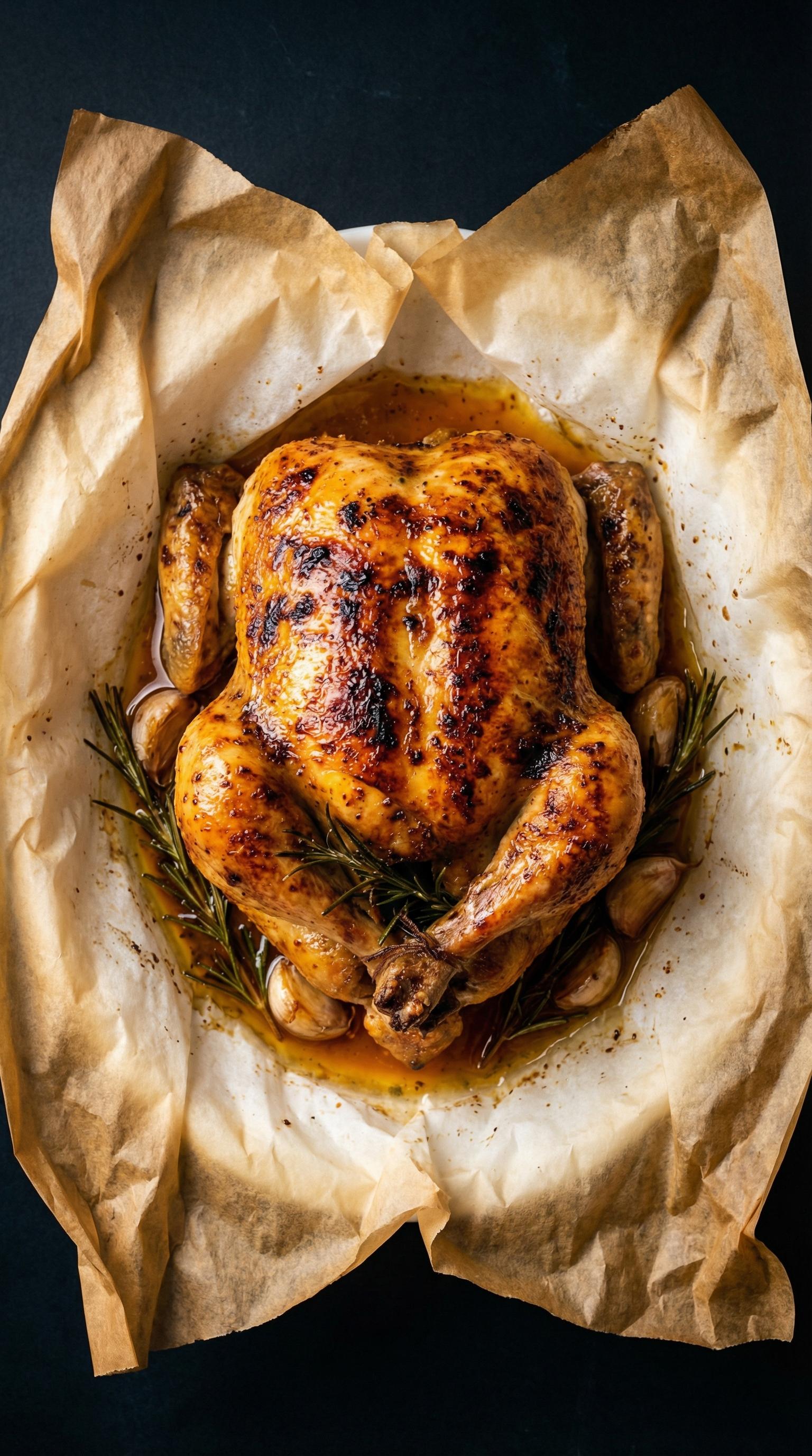 A roasted chicken with a herb on its leg.