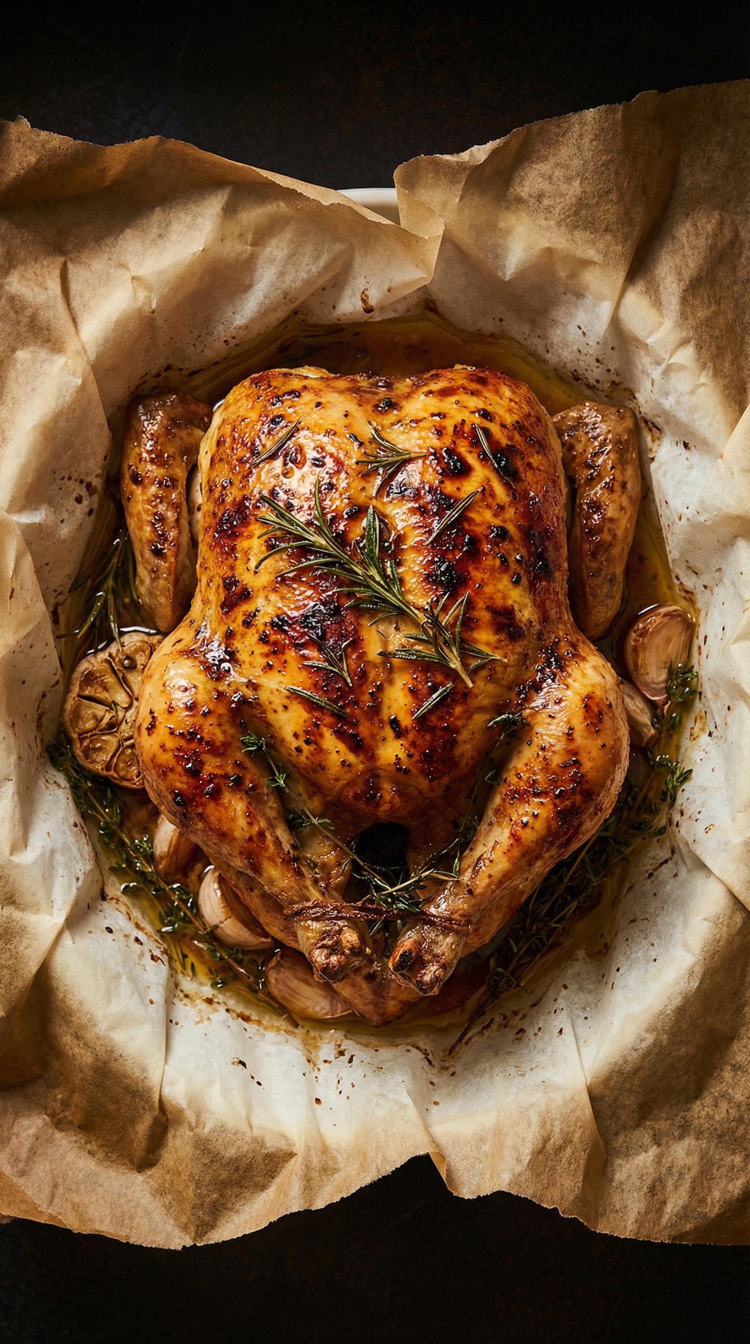 A roasted chicken with herbs on top.