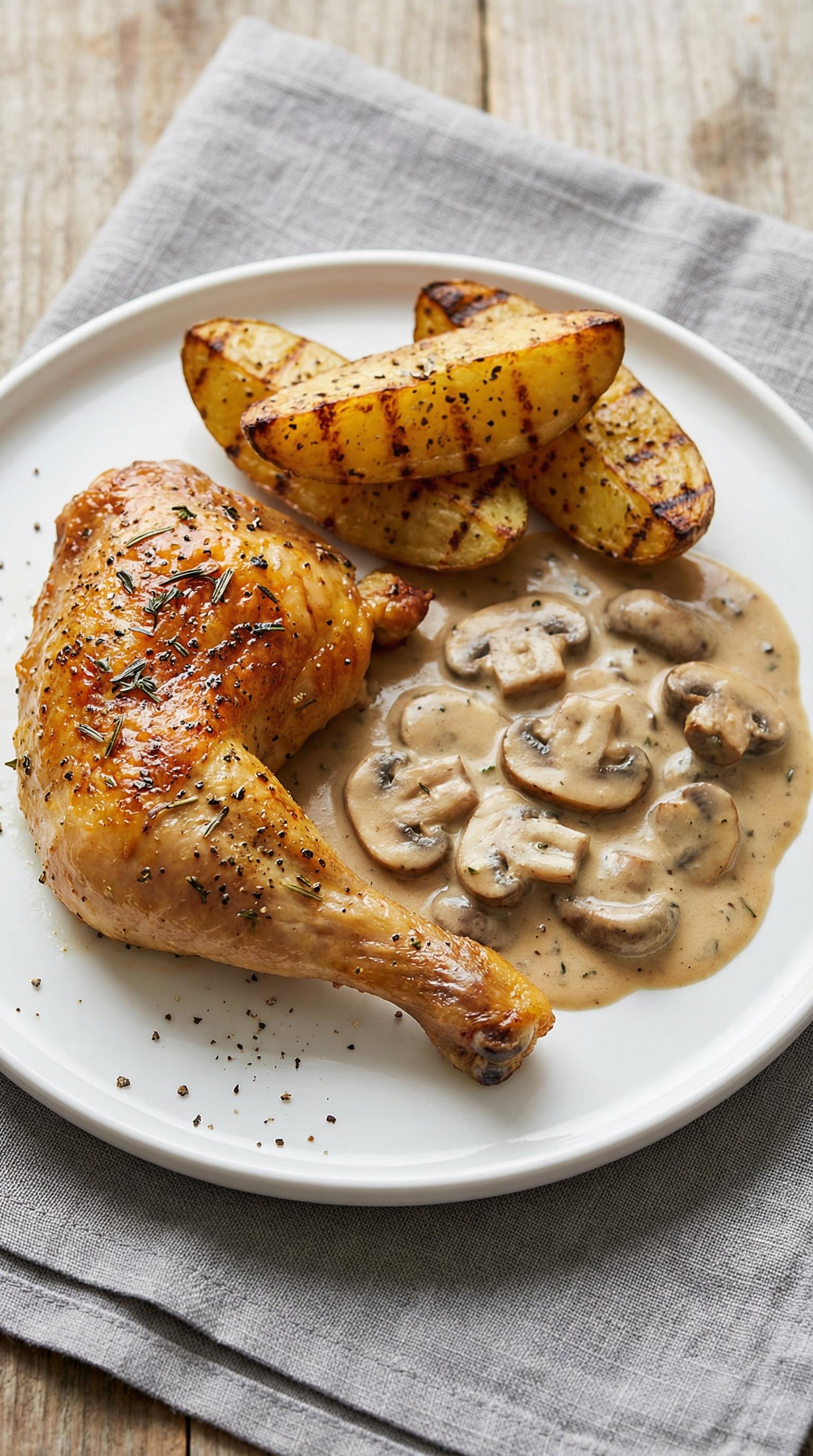 A plate of food with chicken, potatoes, and mushrooms.