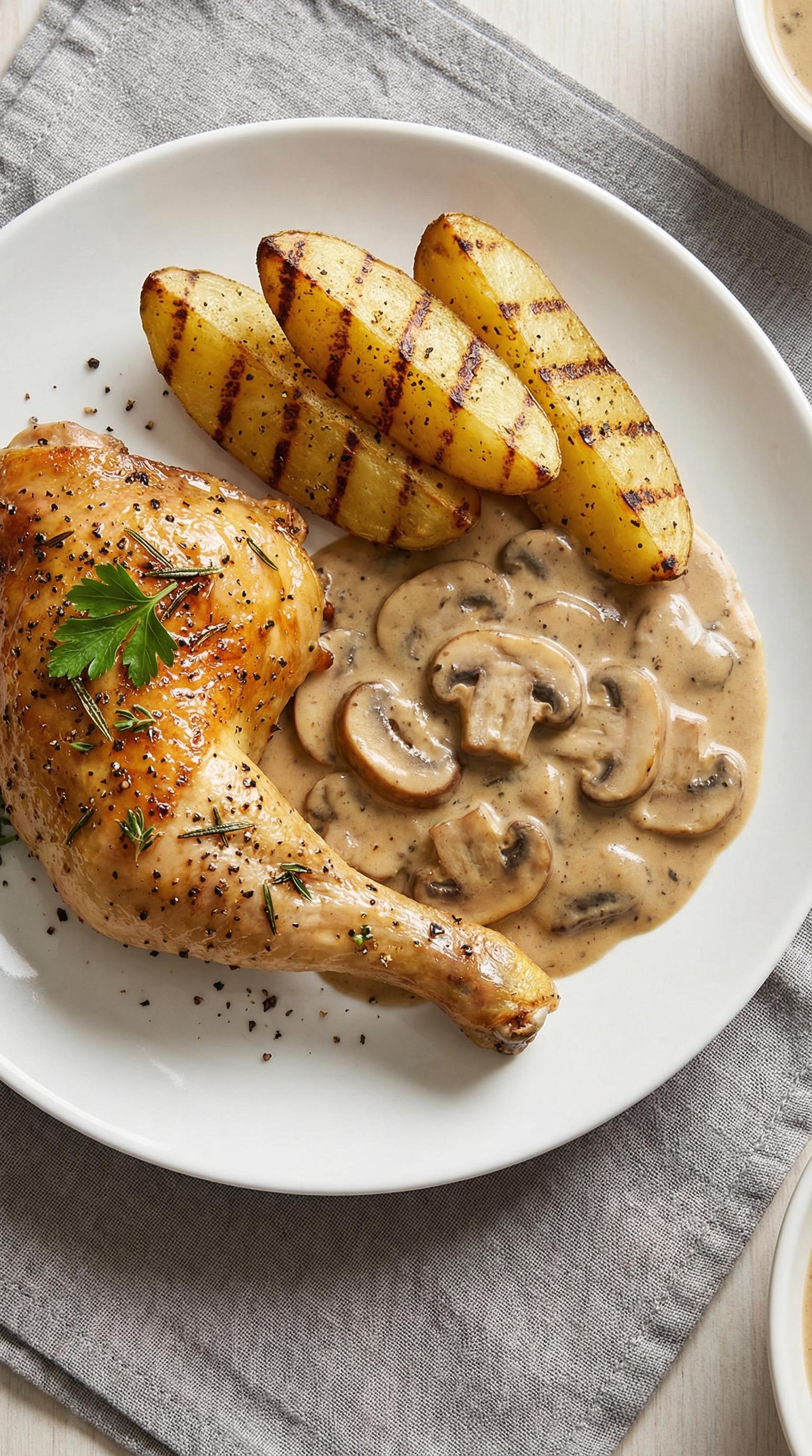 A plate of food with chicken, mushrooms and potatoes.