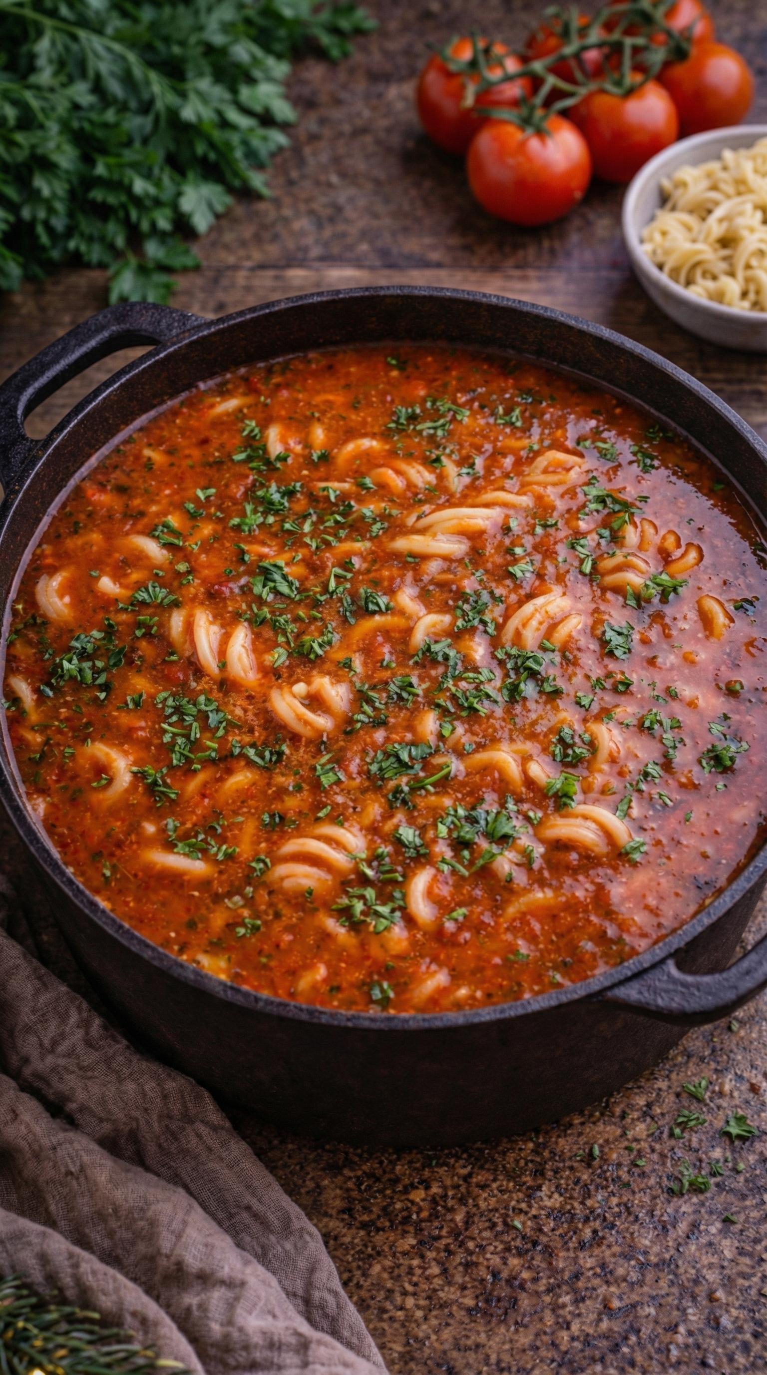 A pot of pasta with herbs.