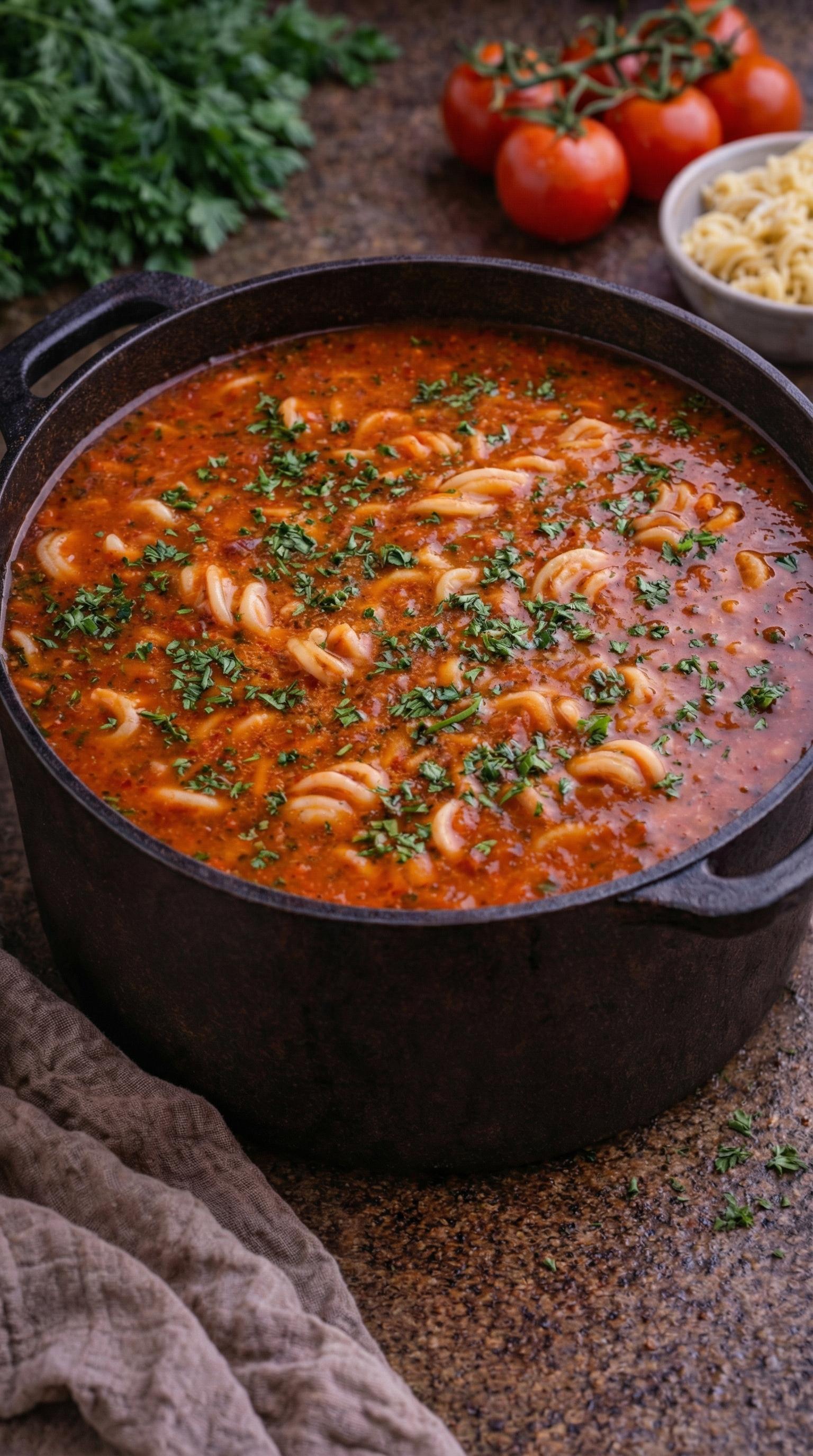 A pot of pasta with herbs.
