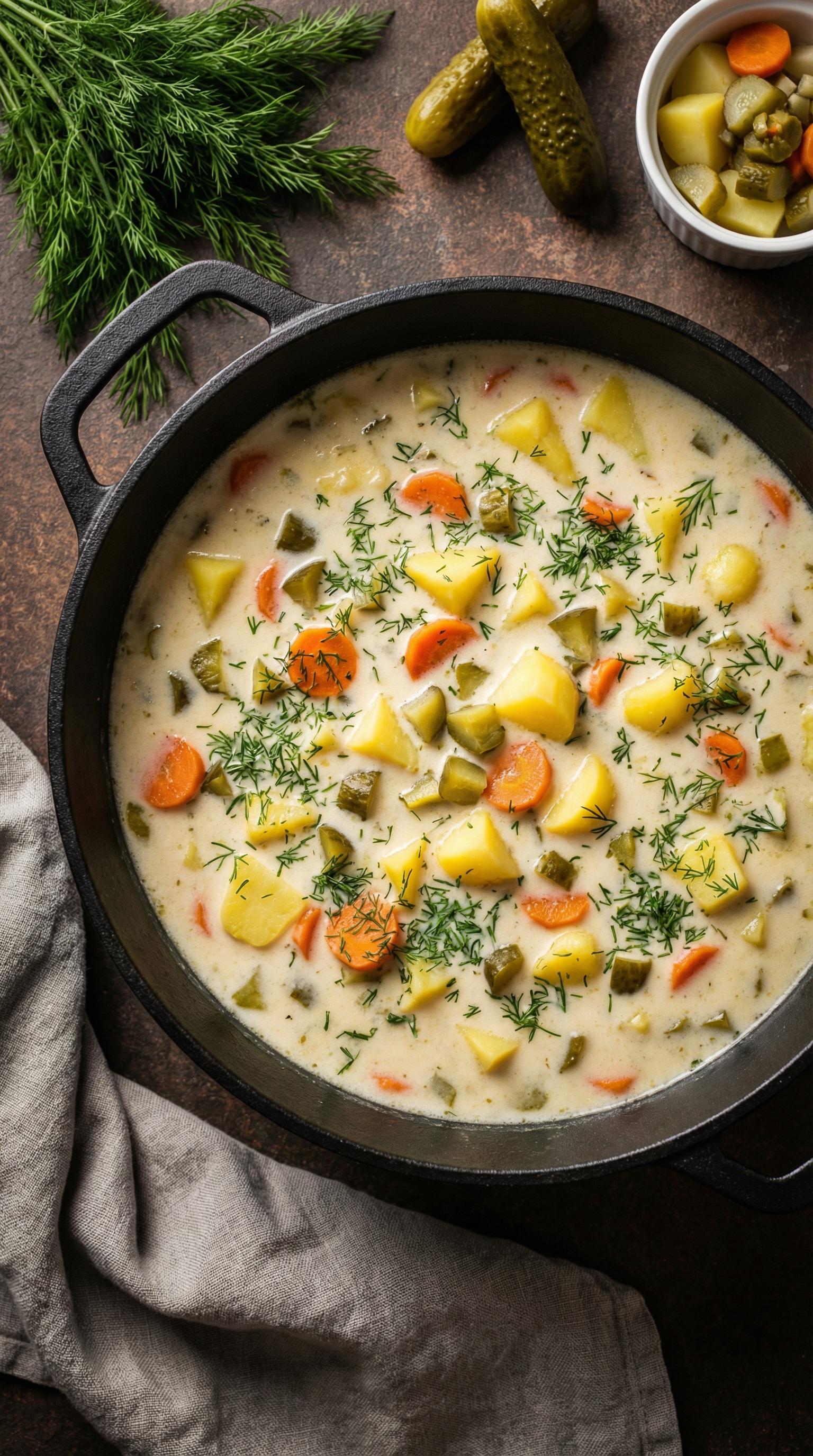 A pot of soup with carrots and parsley.