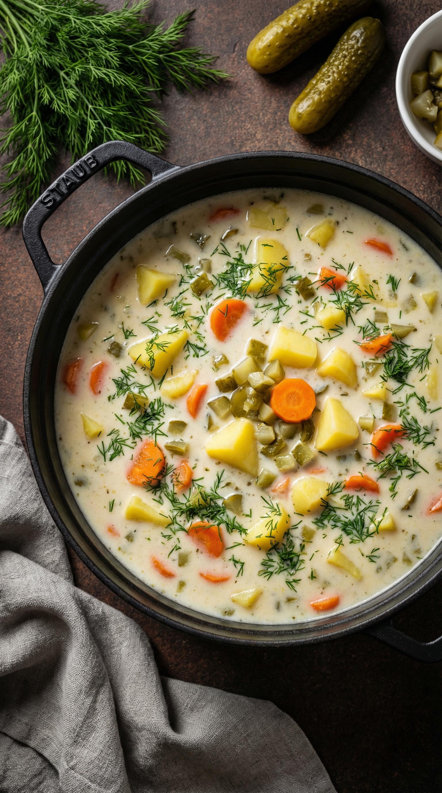 A close up of a pot of soup with carrots and parsley.