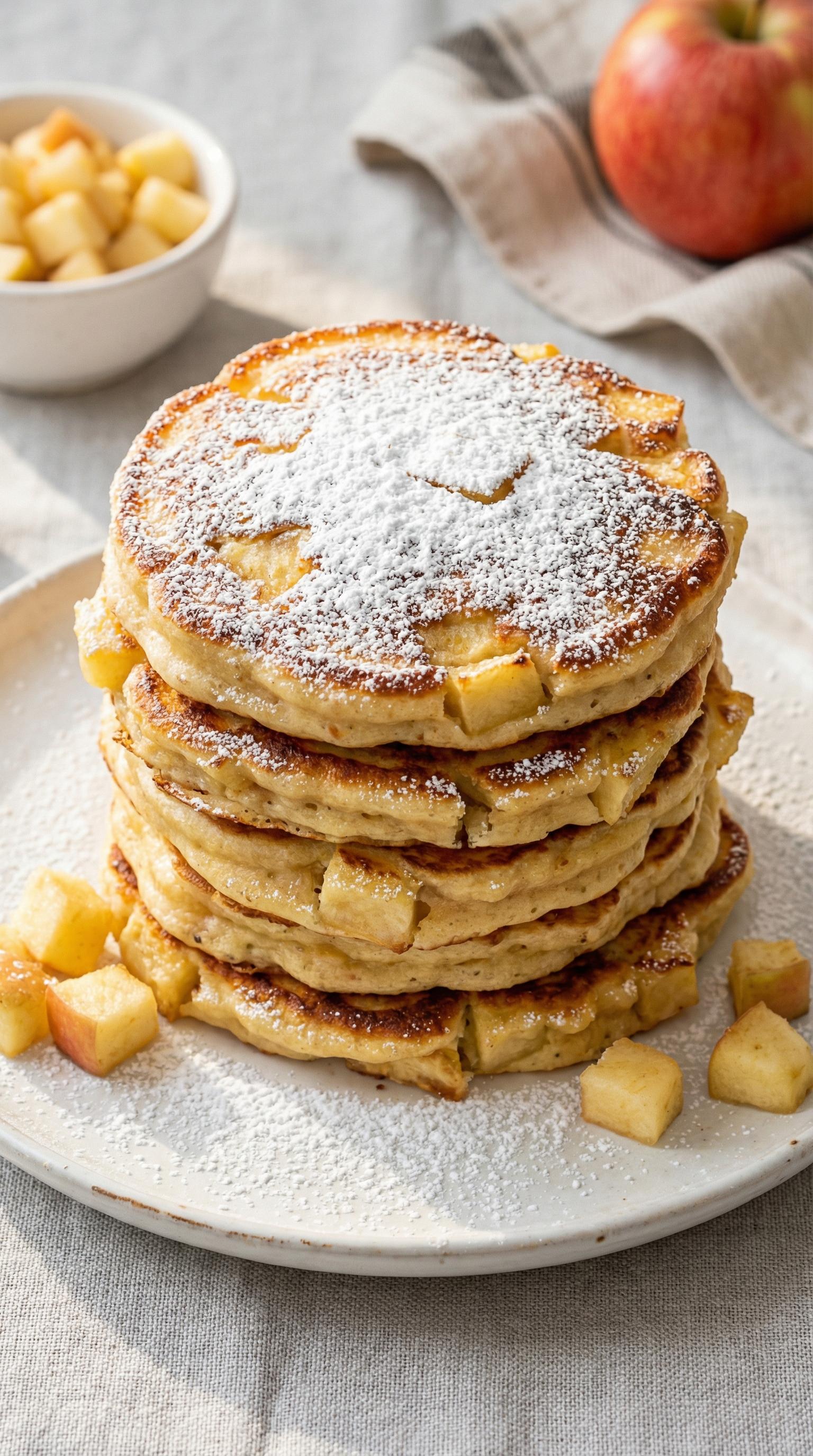 A stack of pancakes with powdered sugar on top.