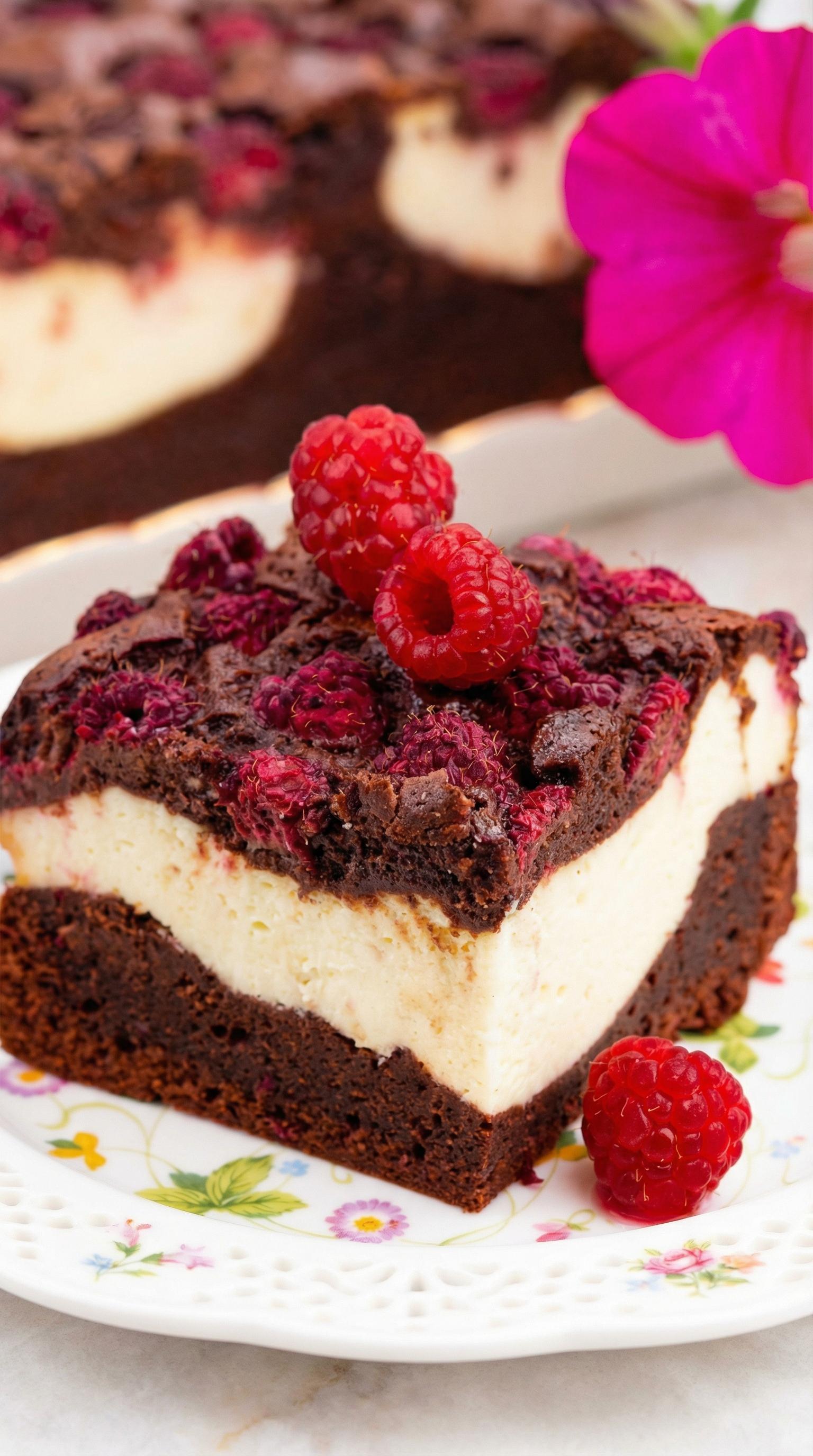 A slice of chocolate cake with raspberries on top.