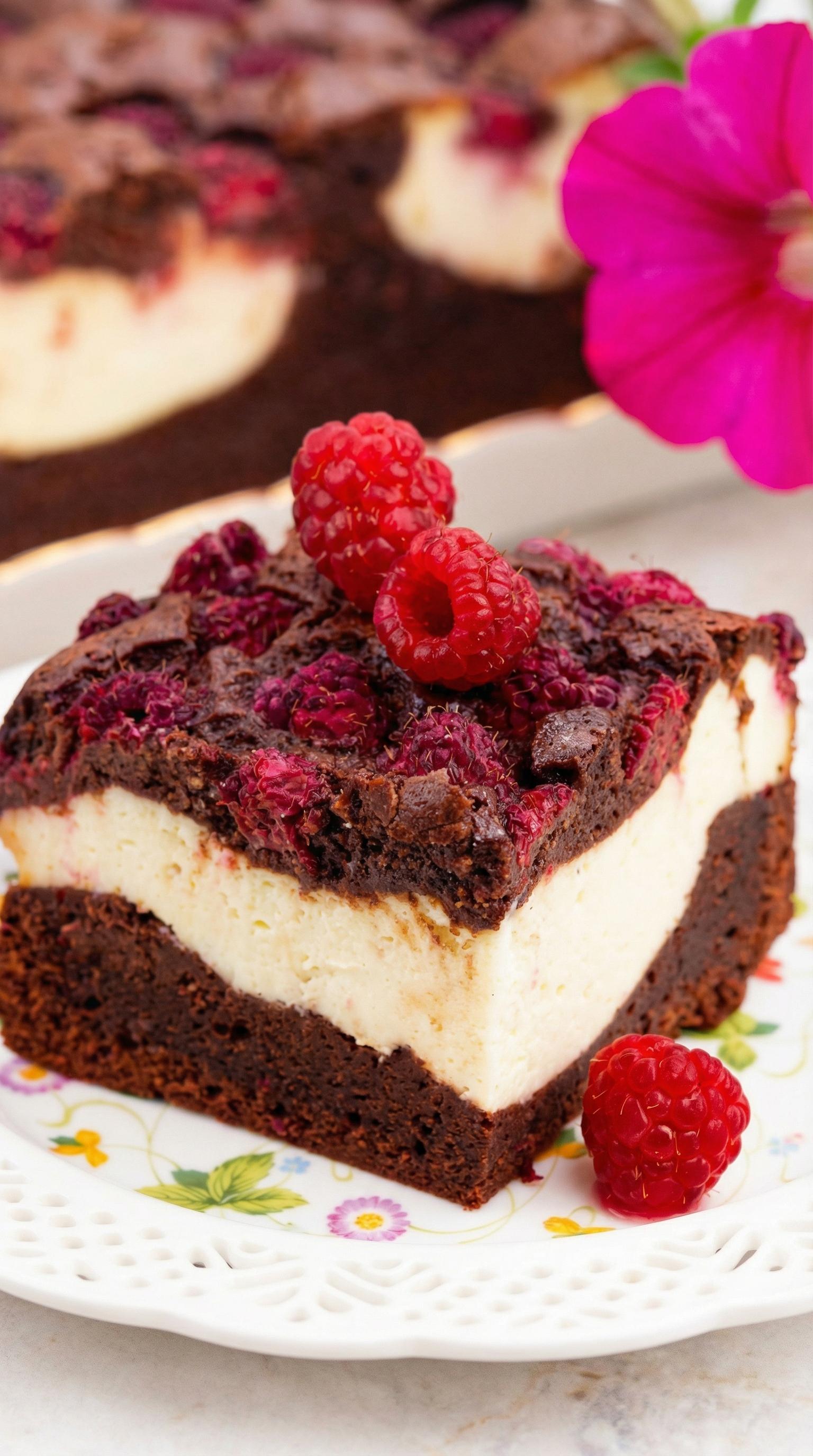 A slice of chocolate cake with raspberries on top.