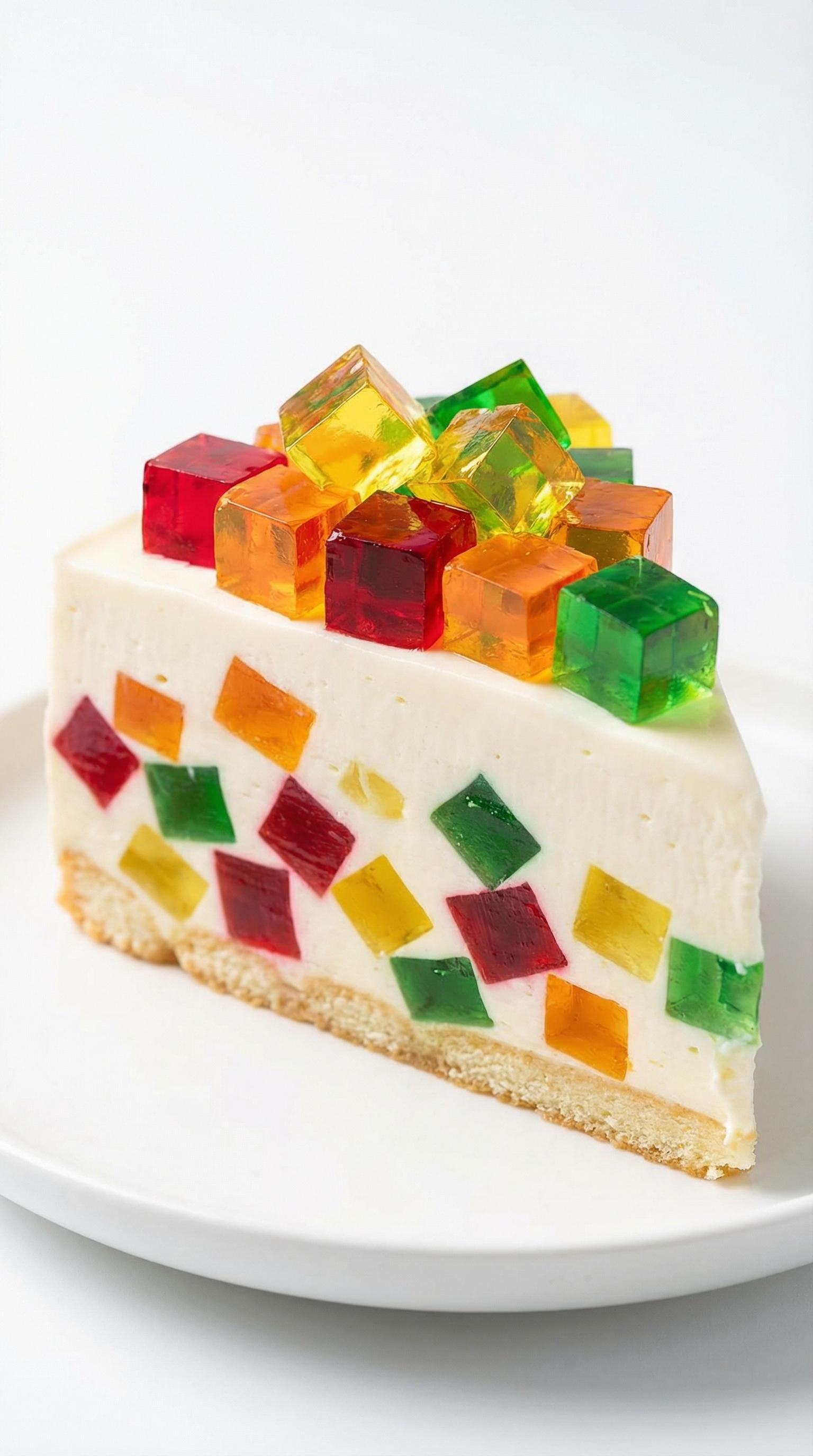 A slice of cake with rainbow colored gummy bears on top.