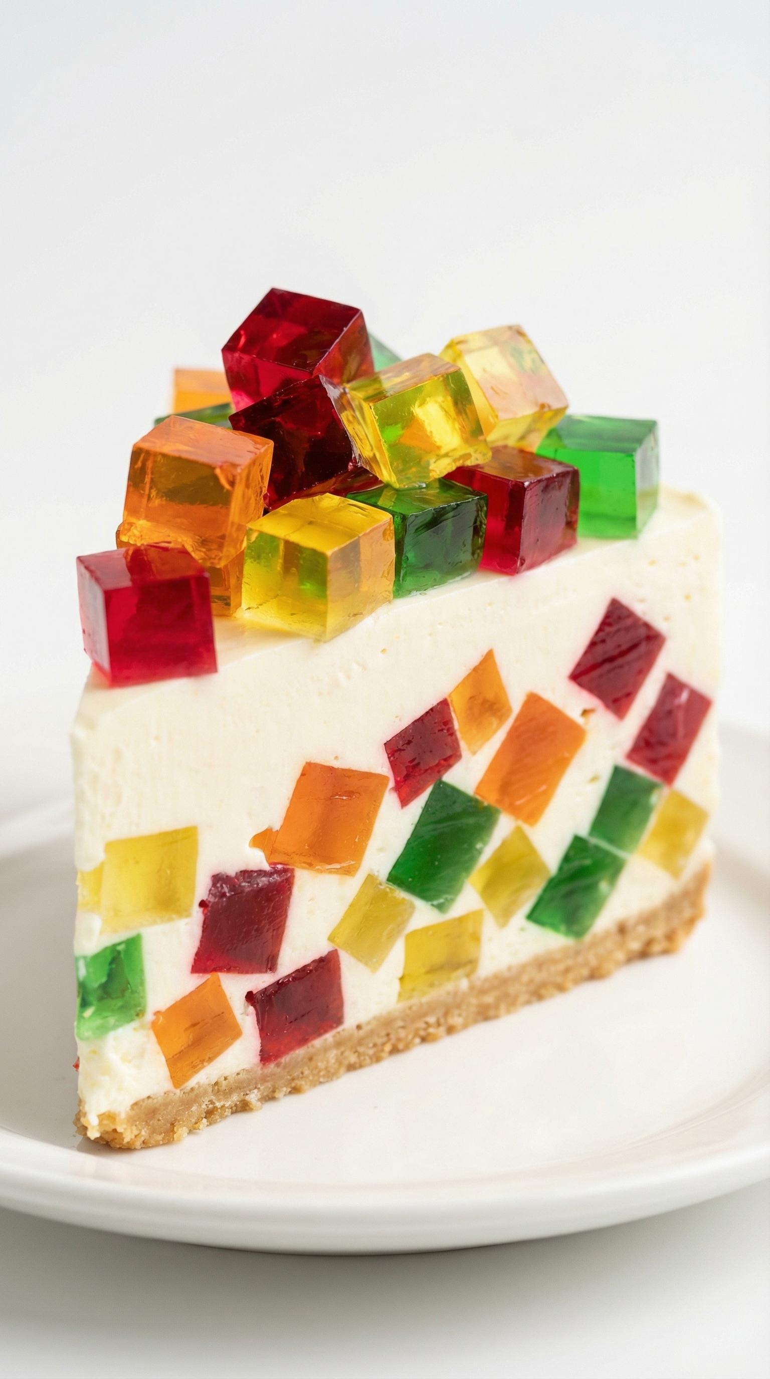 A slice of cake with colorful gummy bears on top.