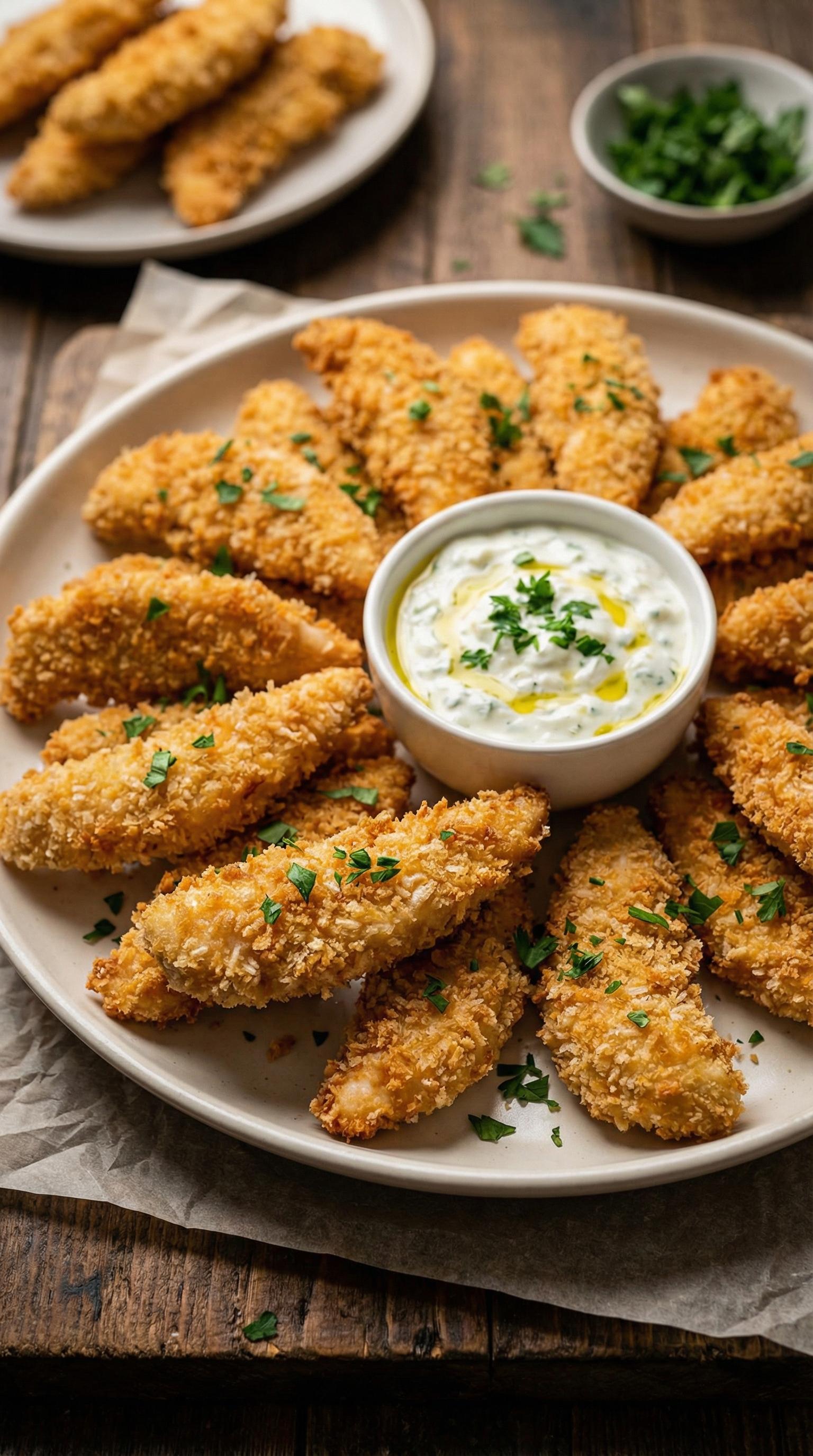 A plate of breaded chicken strips with a bowl of sauce.